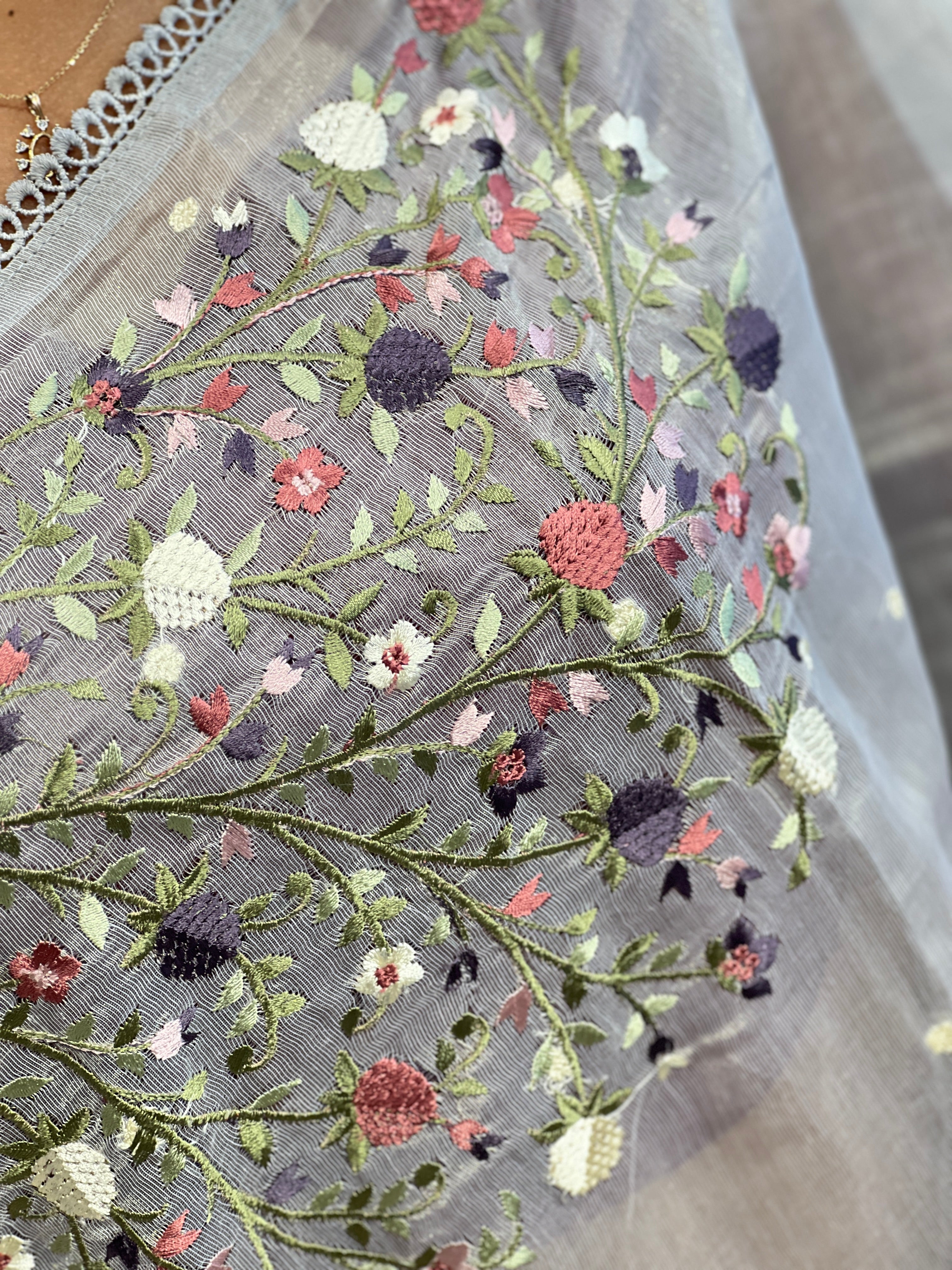 Placement Embroidery Detailed Tissue Saree | SUN515