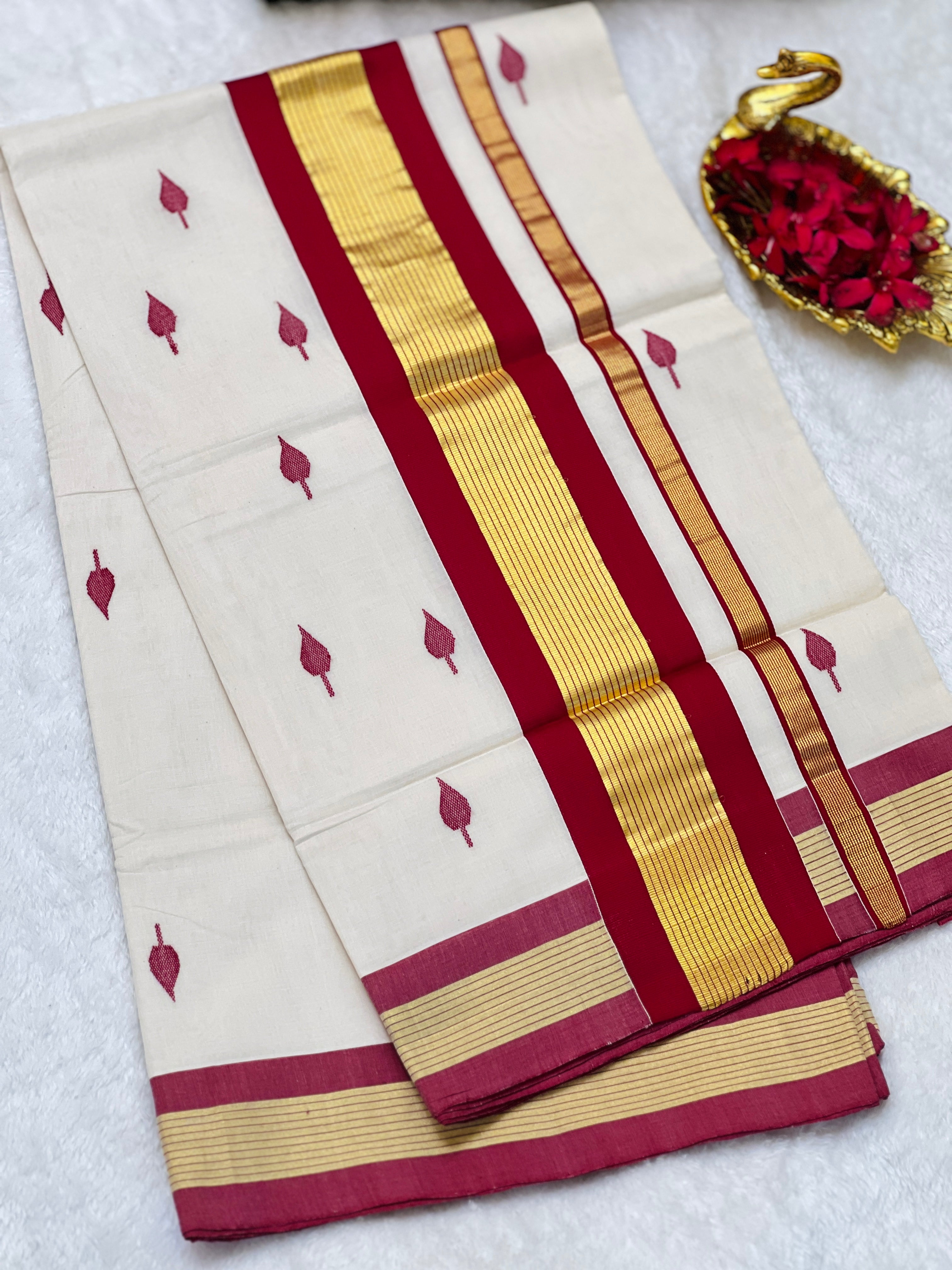 Handloom Golden Kasavu With Kara Detailed Kerala Cotton Saree | KL387