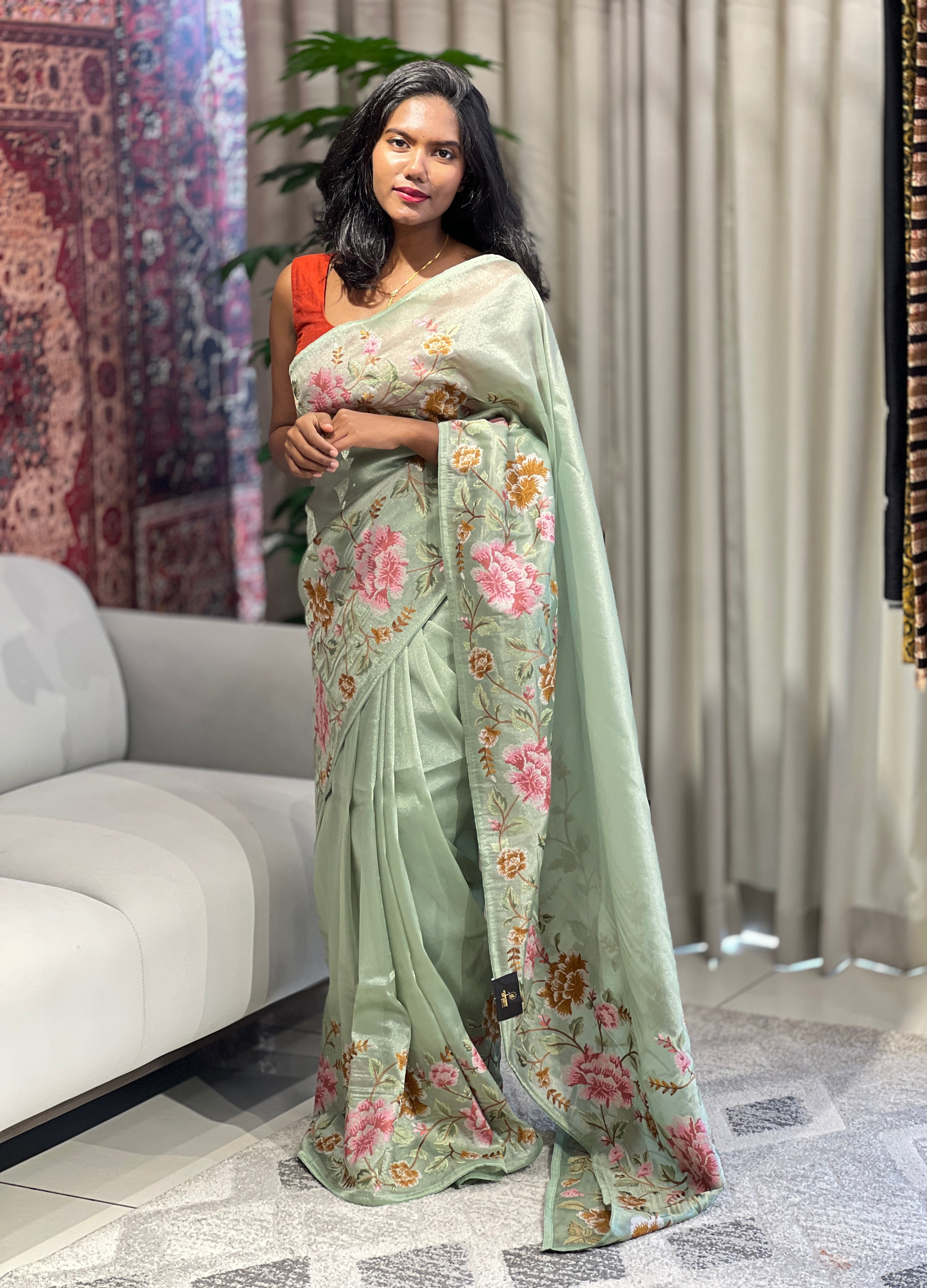 Cross Stitch Embroidery Detailed Tissue Organza Saree | SUN563