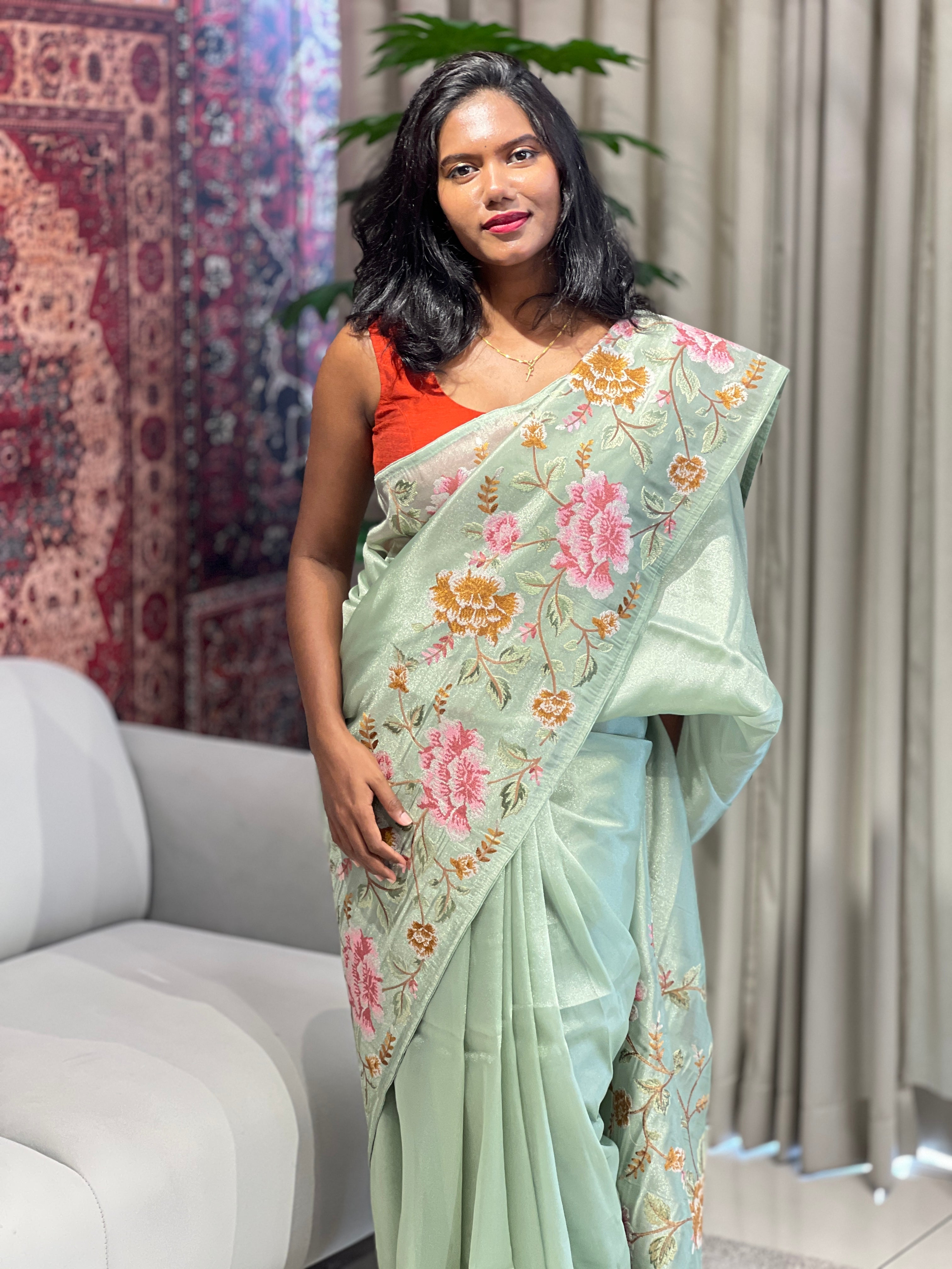 Cross Stitch Embroidery Detailed Tissue Organza Saree | SUN563