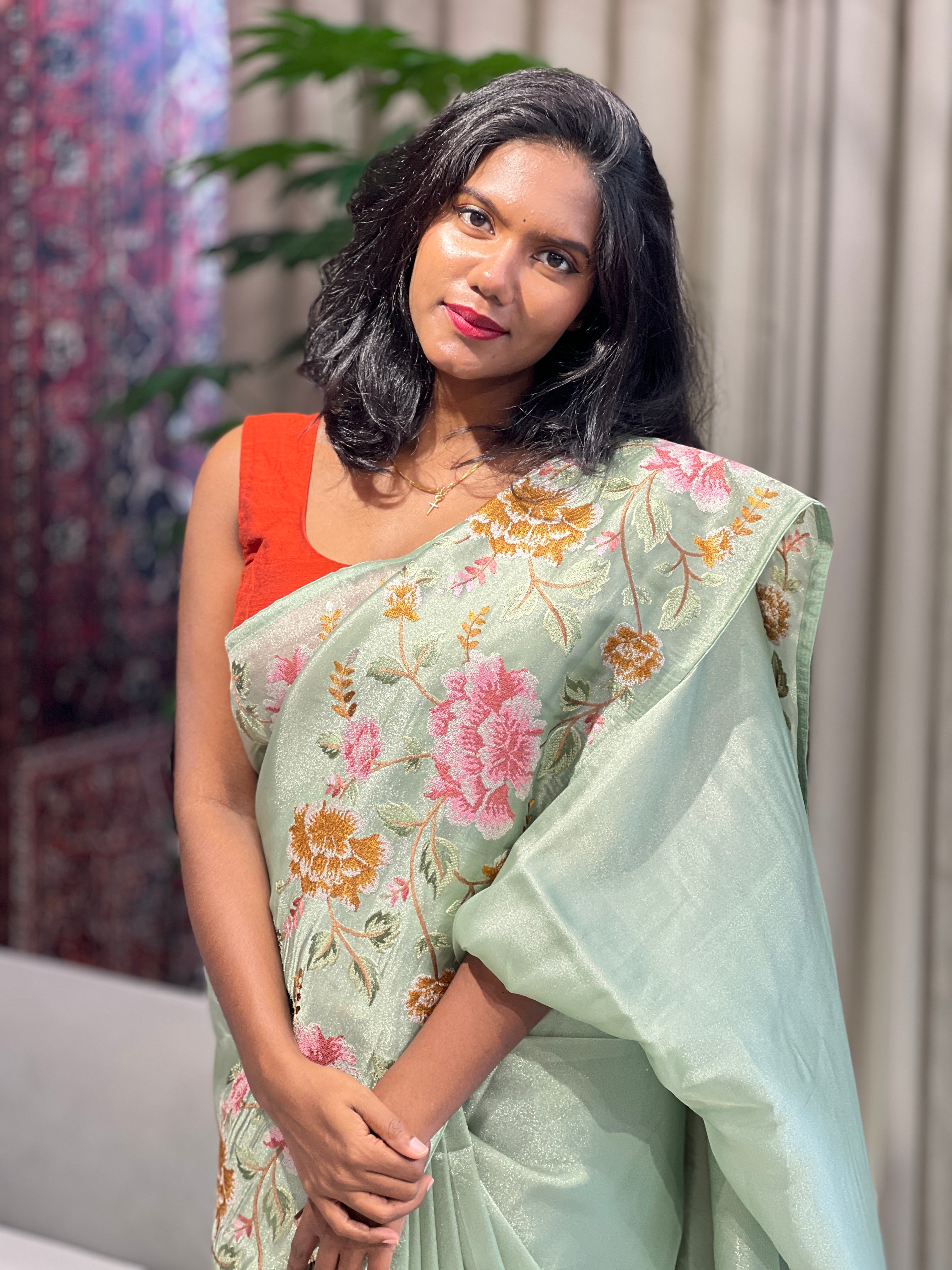 Cross Stitch Embroidery Detailed Tissue Organza Saree | SUN563