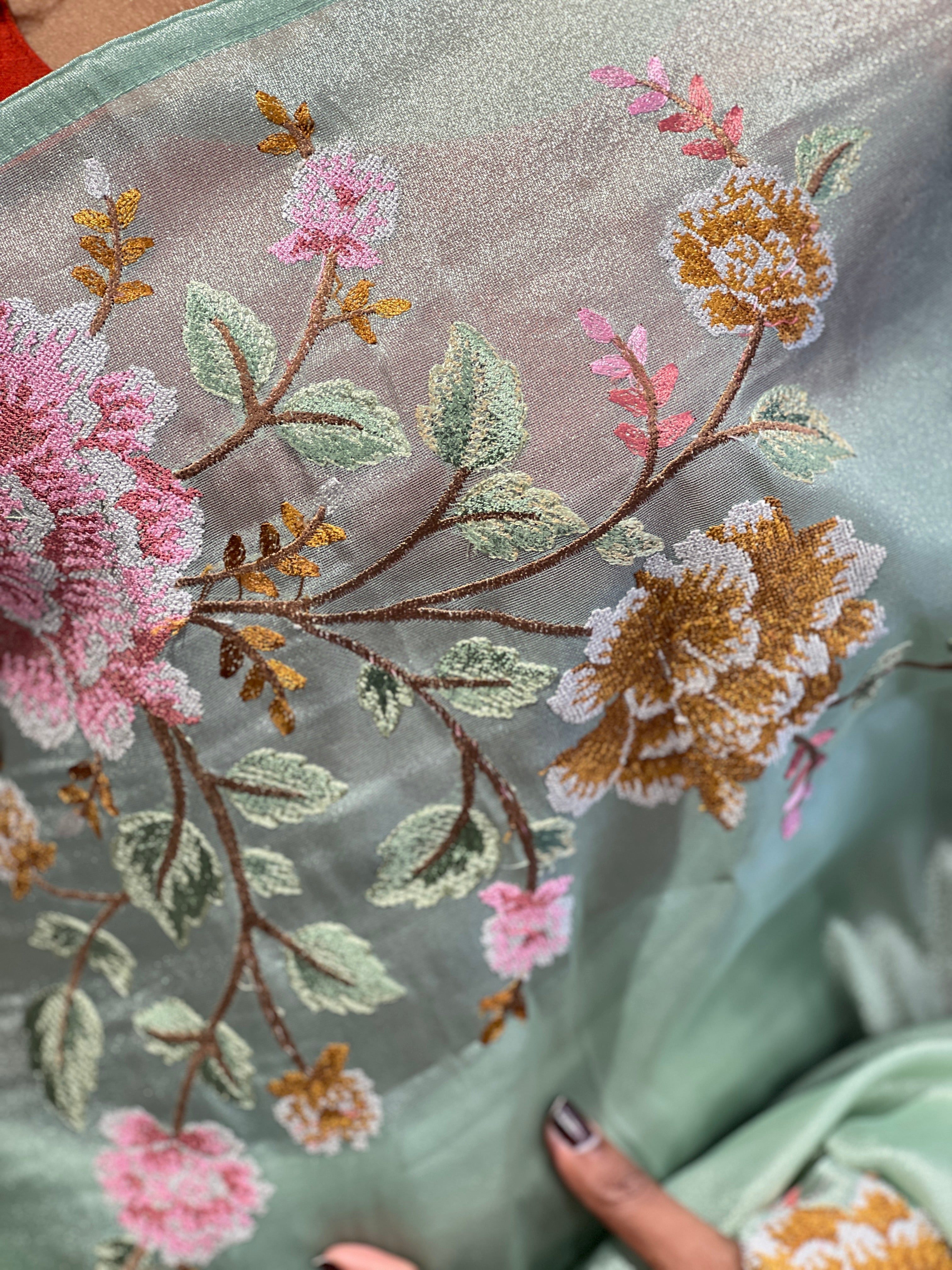 Cross Stitch Embroidery Detailed Tissue Organza Saree | SUN563