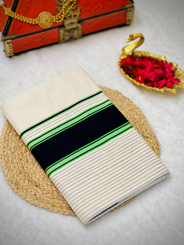 Stripe Weaving With Kara Border Detailed Kerala Cotton Saree | KL385