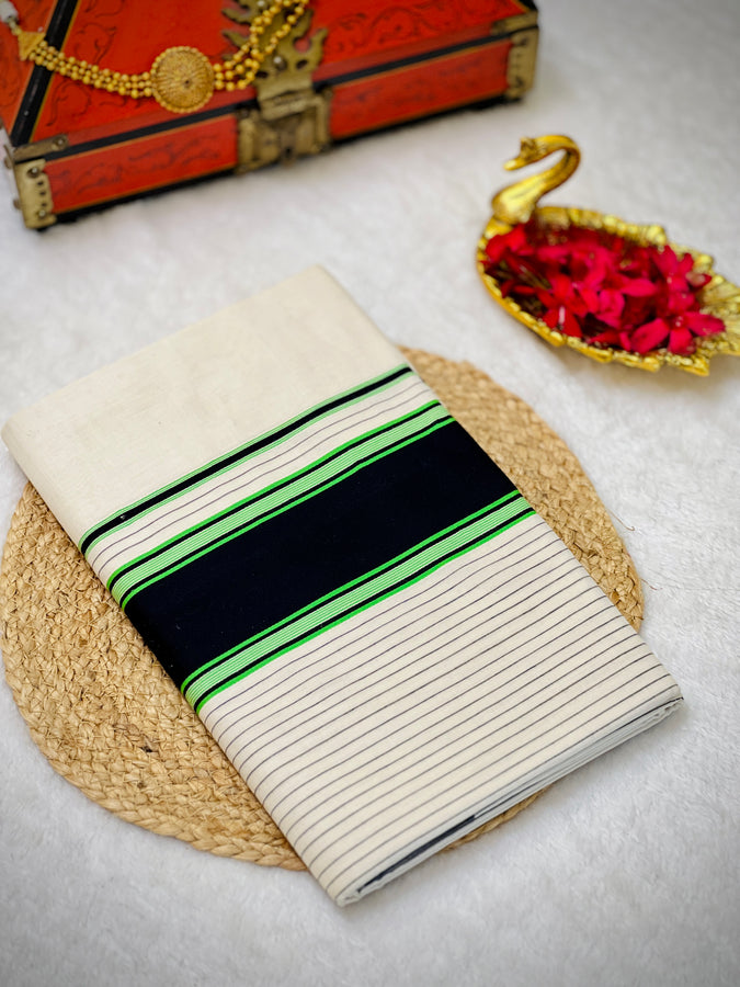 Stripe Weaving With Kara Border Detailed Kerala Cotton Saree | KL385