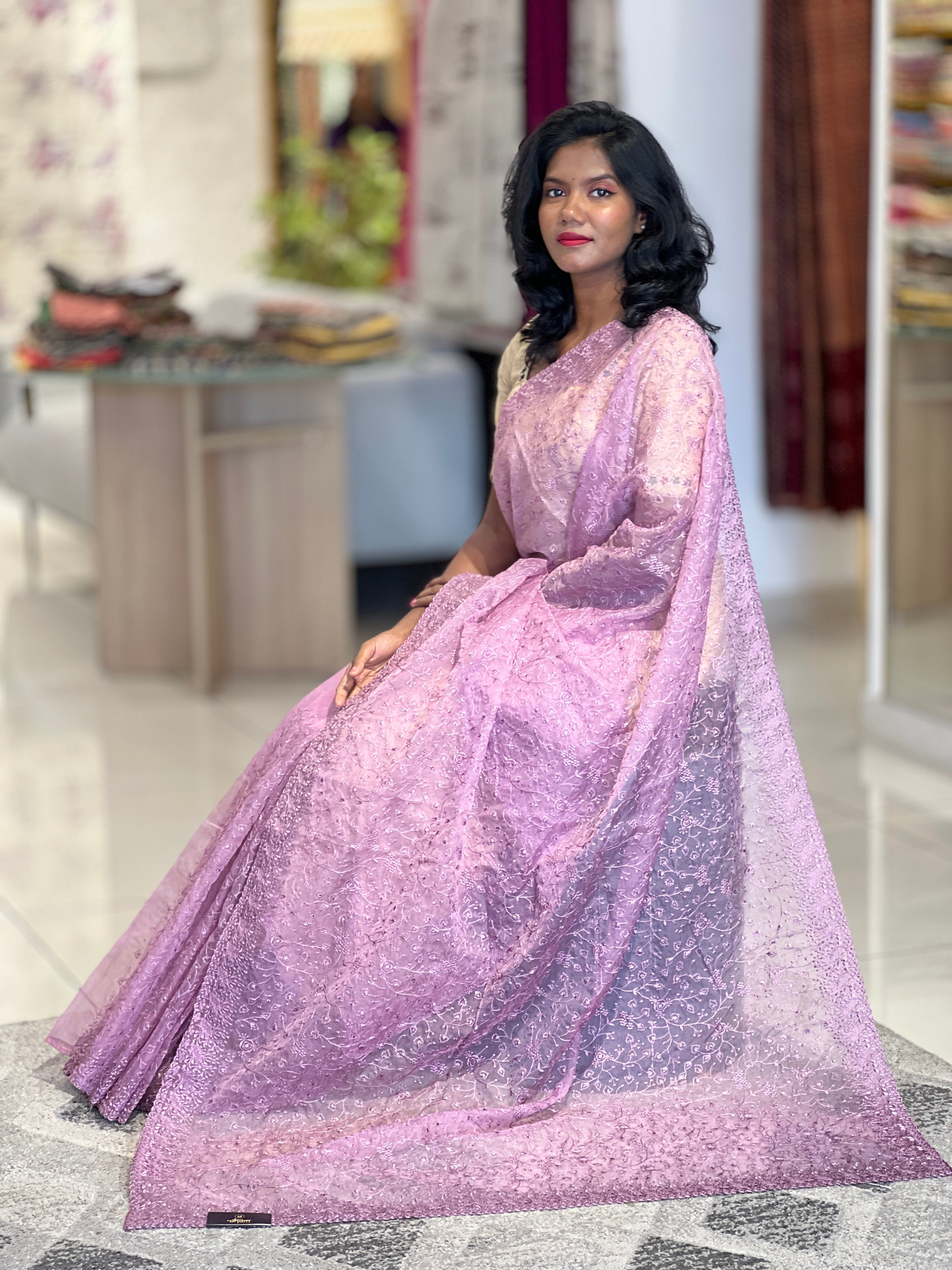 Floral Jaal Emboridery Design Organza Saree | SBP716