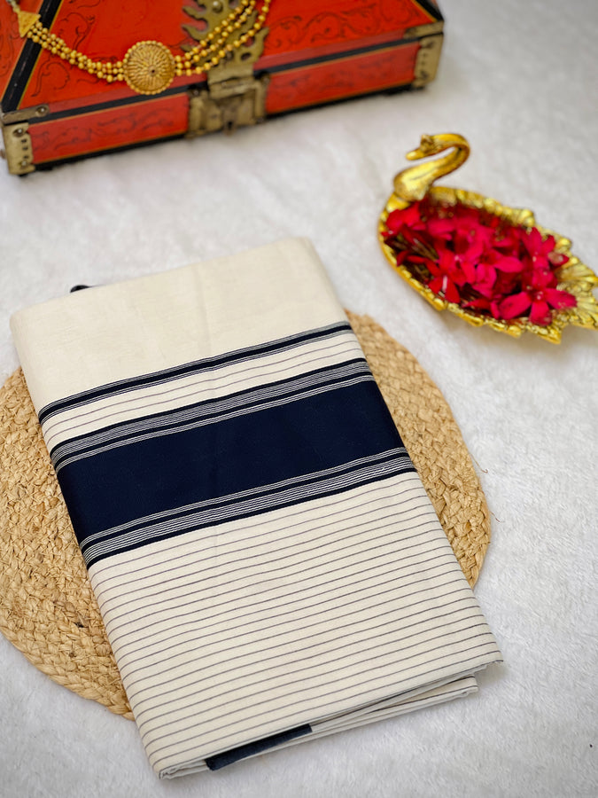 Stripe Weaving With Kara Border Detailed Kerala Cotton Saree | KL384