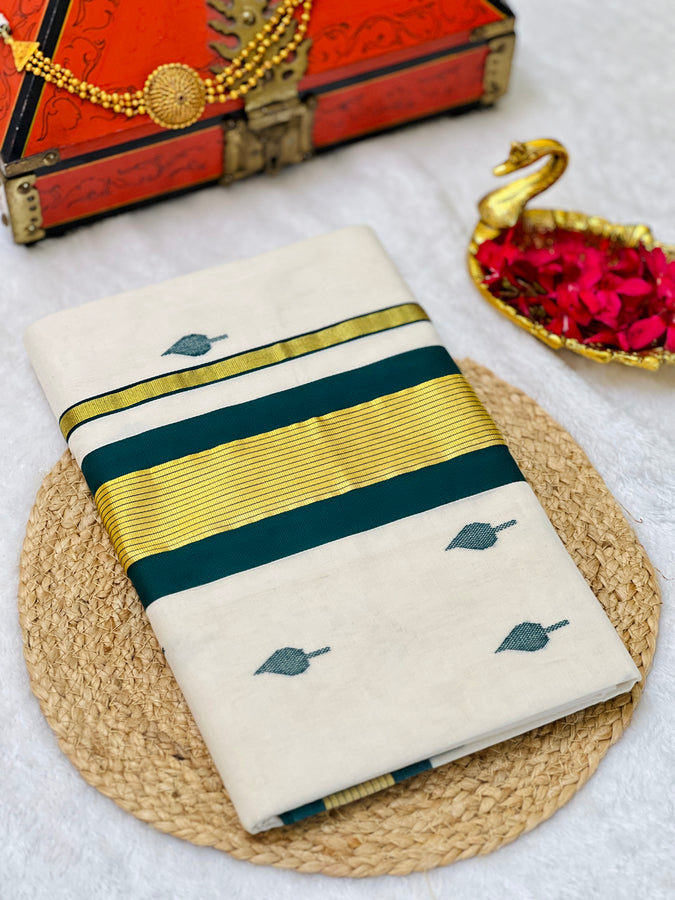 Handloom Golden Kasavu With Kara Detailed Kerala Cotton Saree | KL389