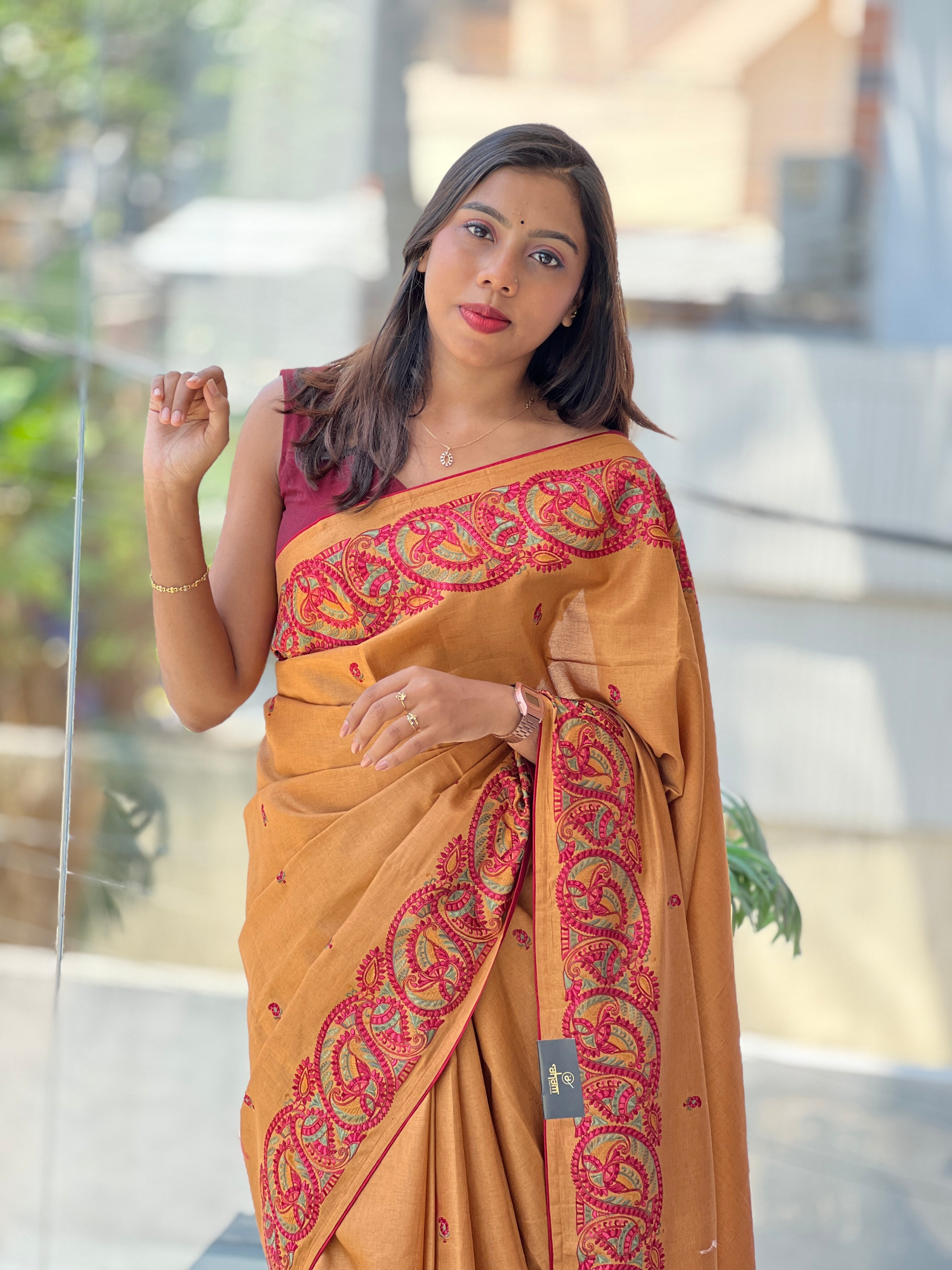 Paisley Embroidery Detailed Tussar Finish Saree | SUN481