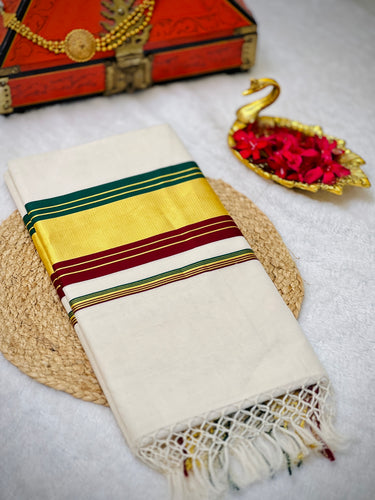 Handloom Golden Kasavu With Kara Detailed Kerala Cotton Saree | KL386