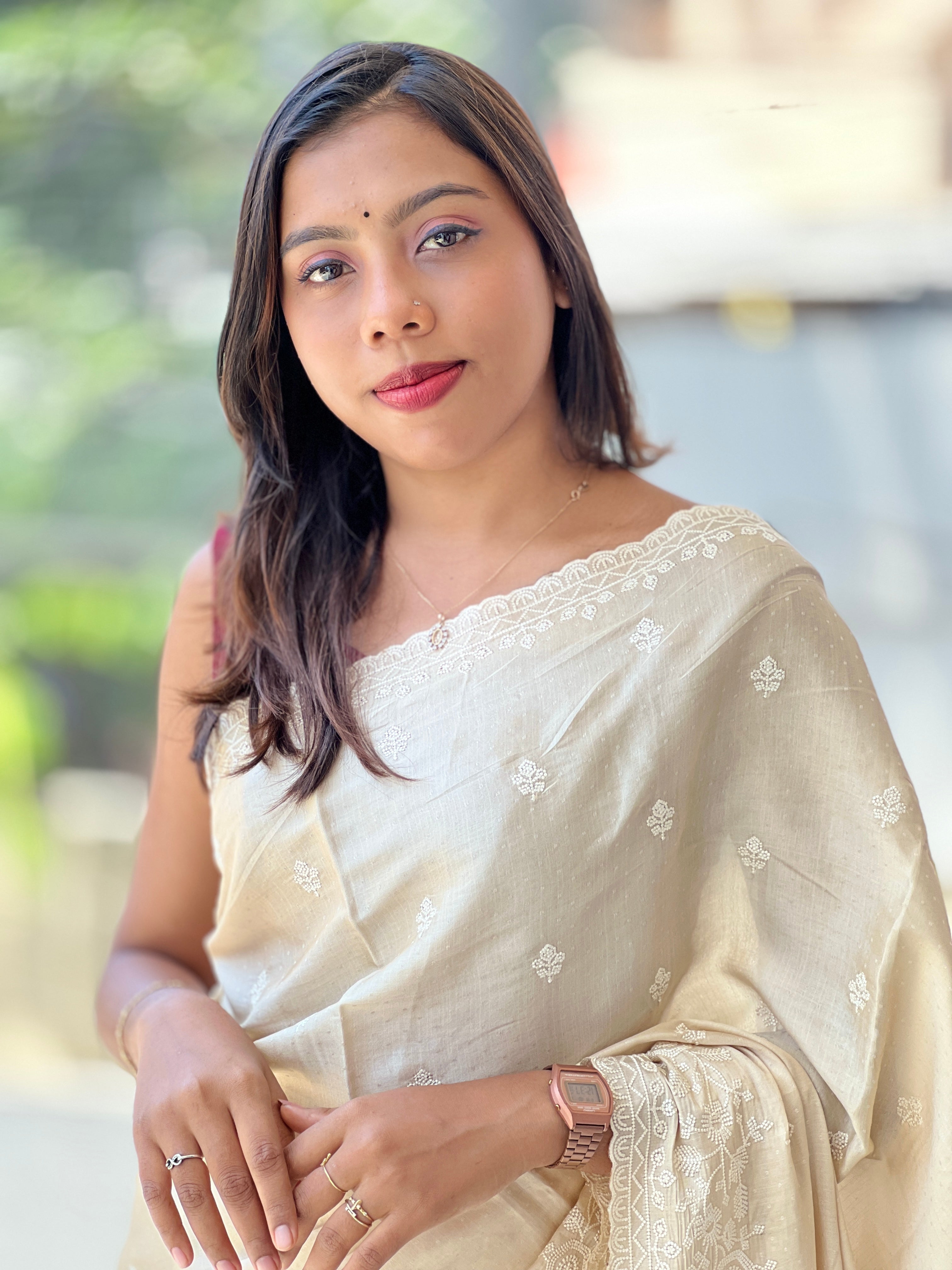 Point Embroidery Detailed Semi Tussar Saree | SUN541
