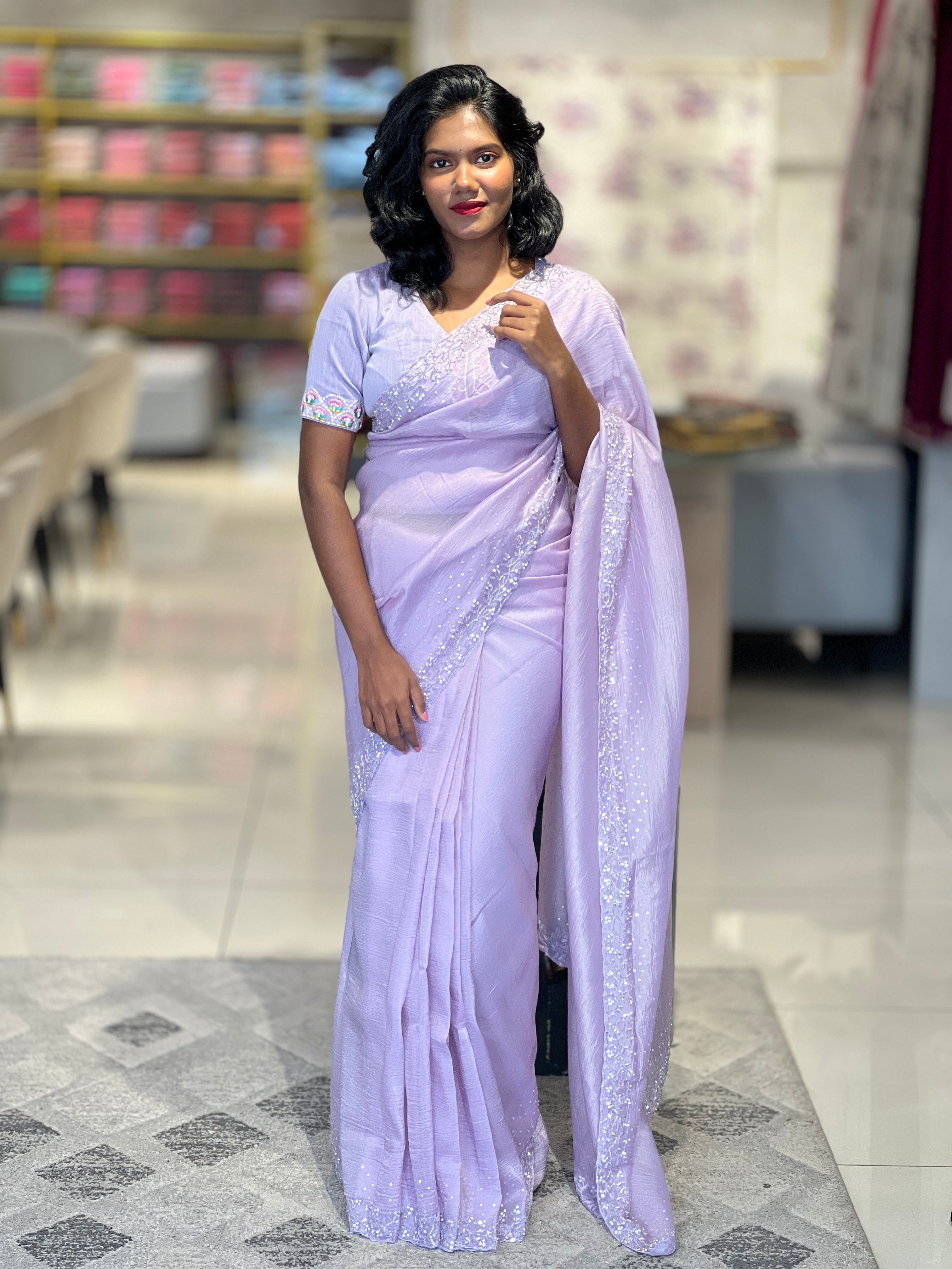 Embroidered Detailed Crushed Organza Saree | SBP694