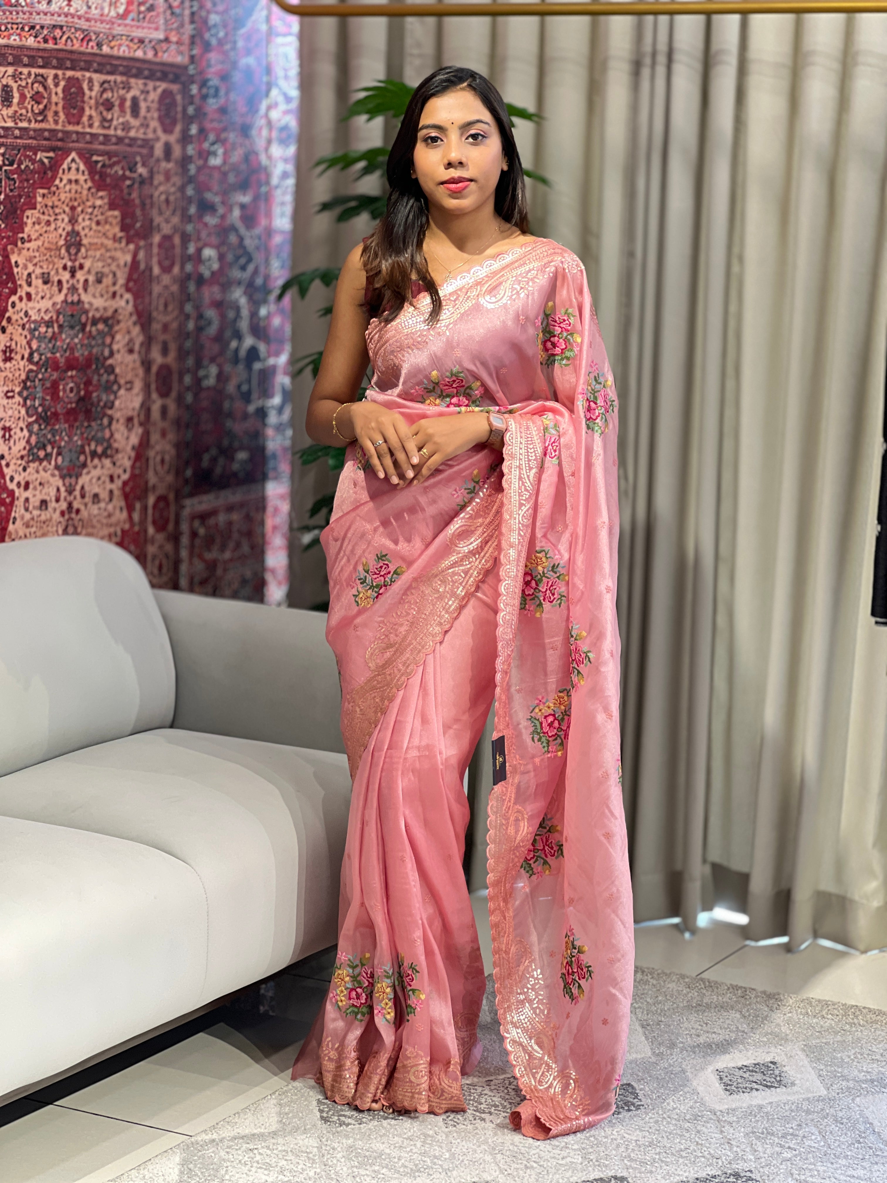 Cross Stitch Embroidery & Sequins Detailed Shimmer Organza Saree | SUN539