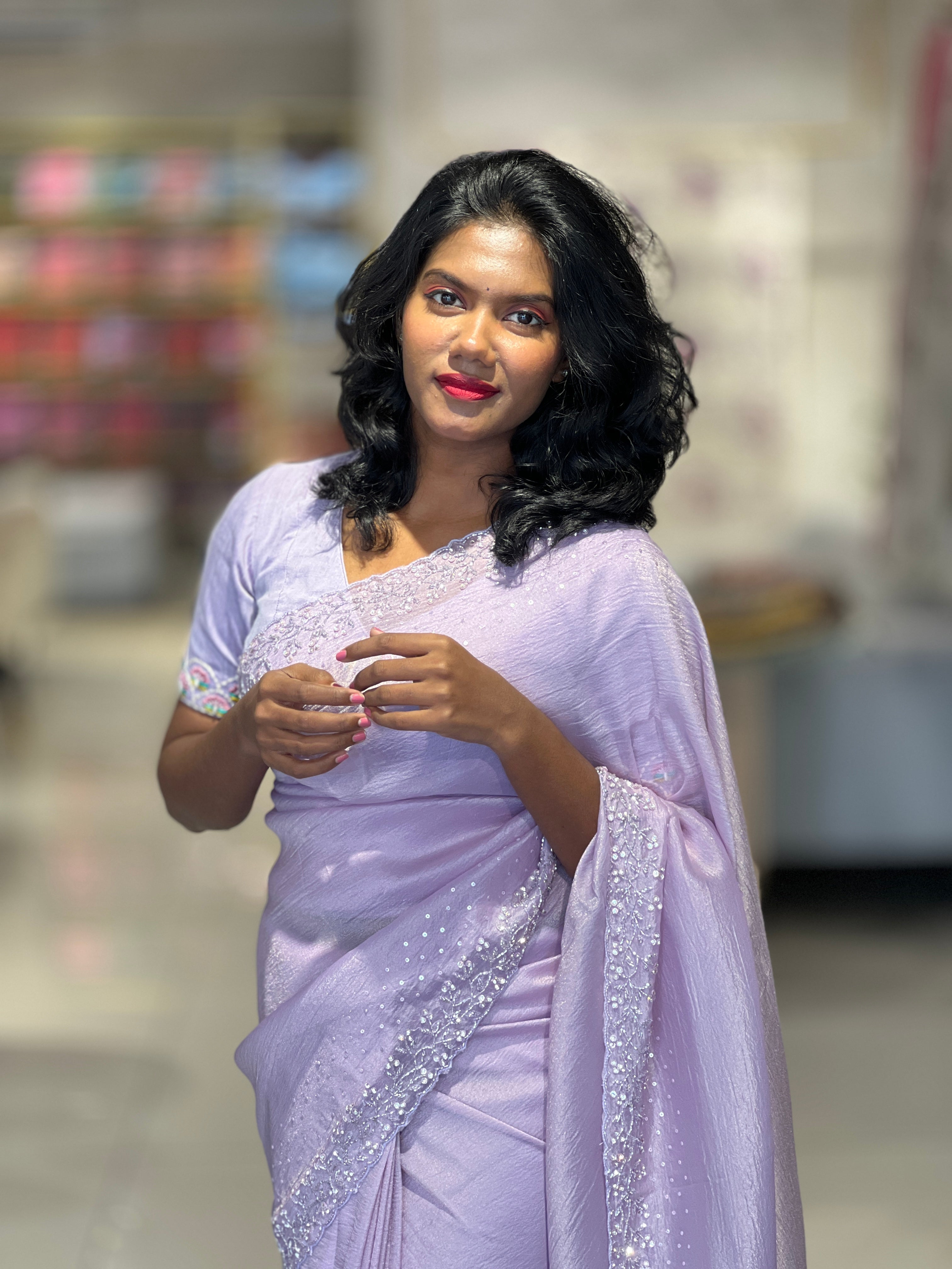 Embroidered Detailed Crushed Organza Saree | SBP694