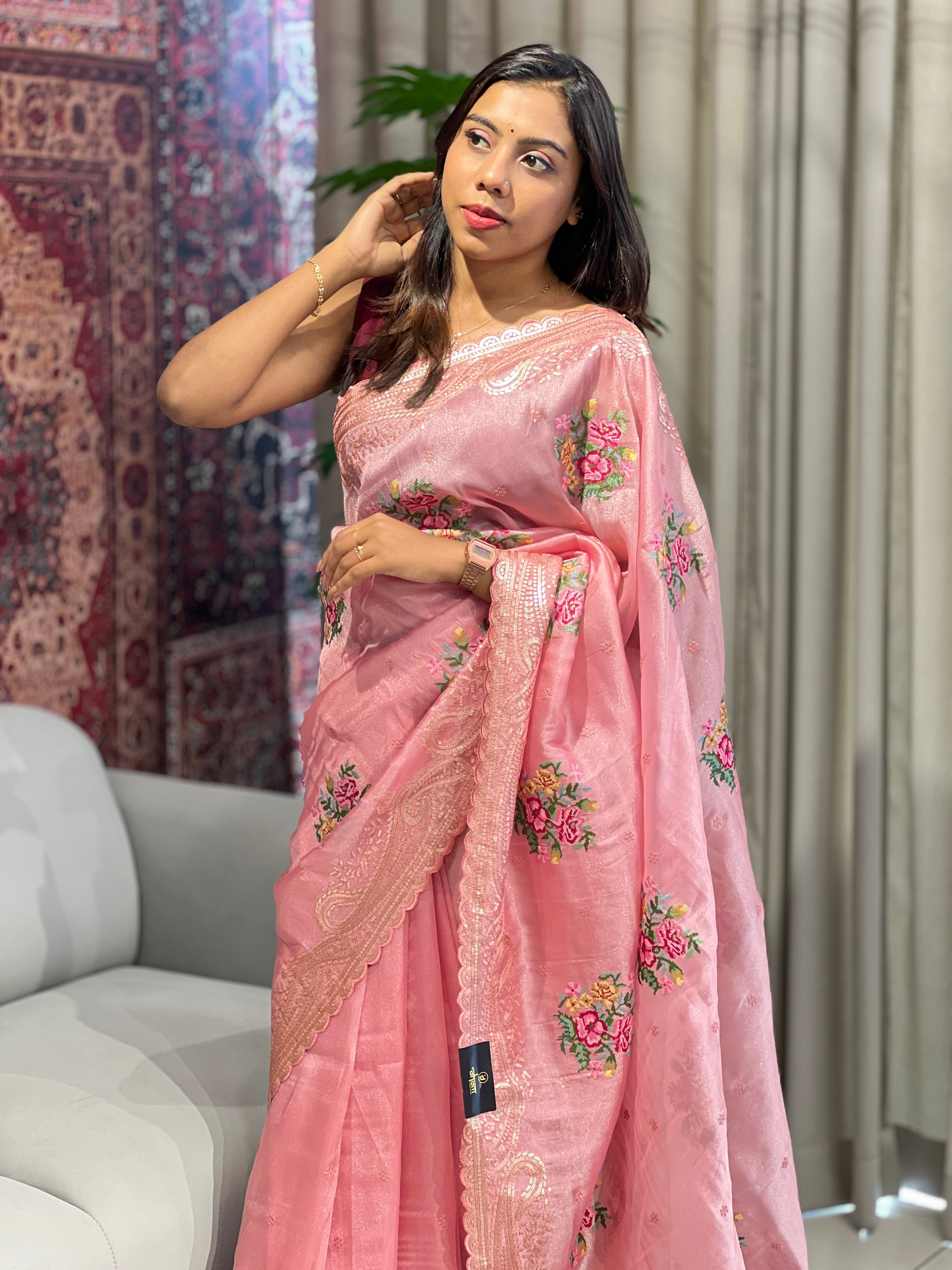 Cross Stitch Embroidery & Sequins Detailed Shimmer Organza Saree | SUN539