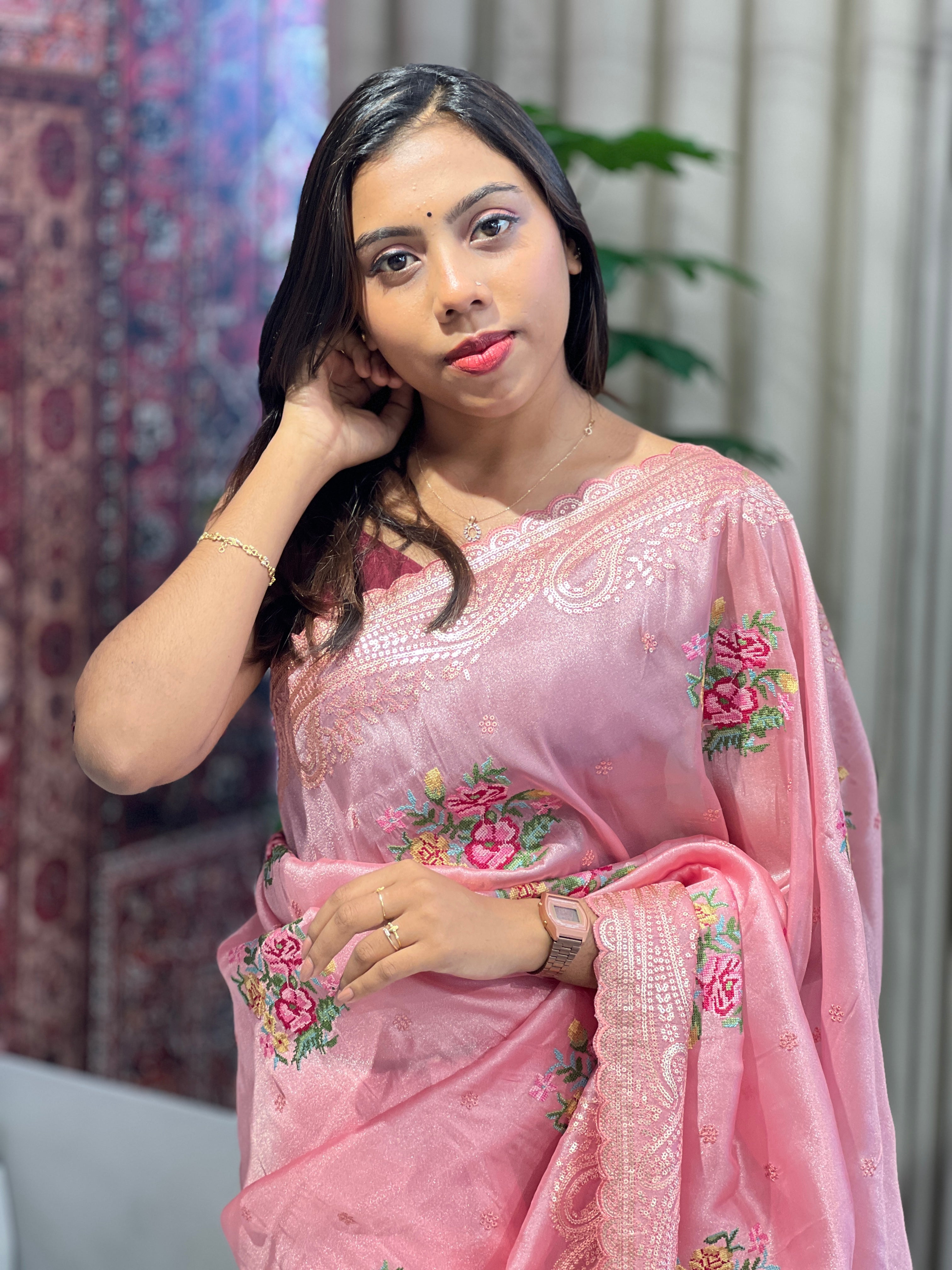 Cross Stitch Embroidery & Sequins Detailed Shimmer Organza Saree | SUN539