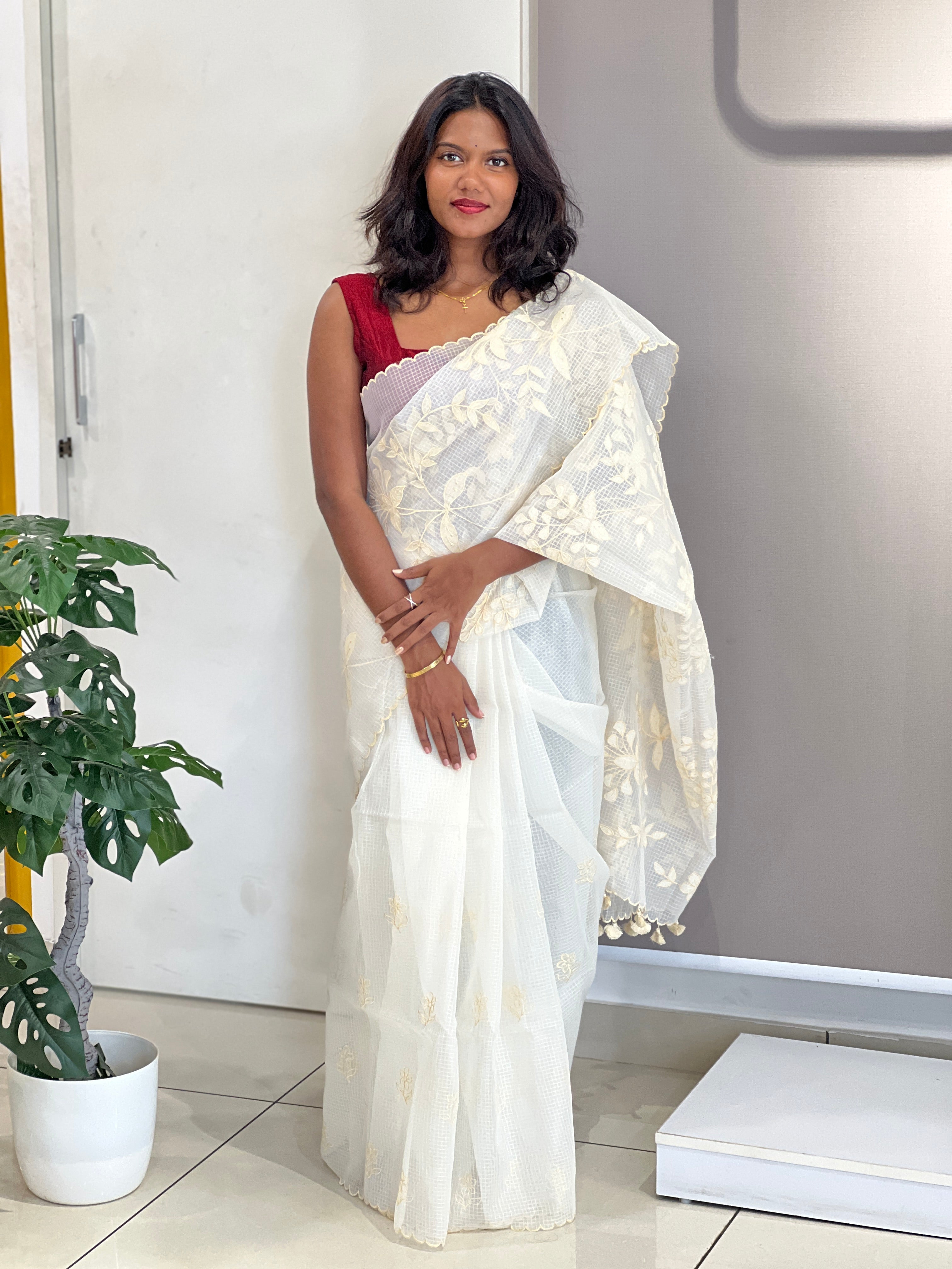 Applique Work & Embroidery Detailed Check Organza Saree | RSF113