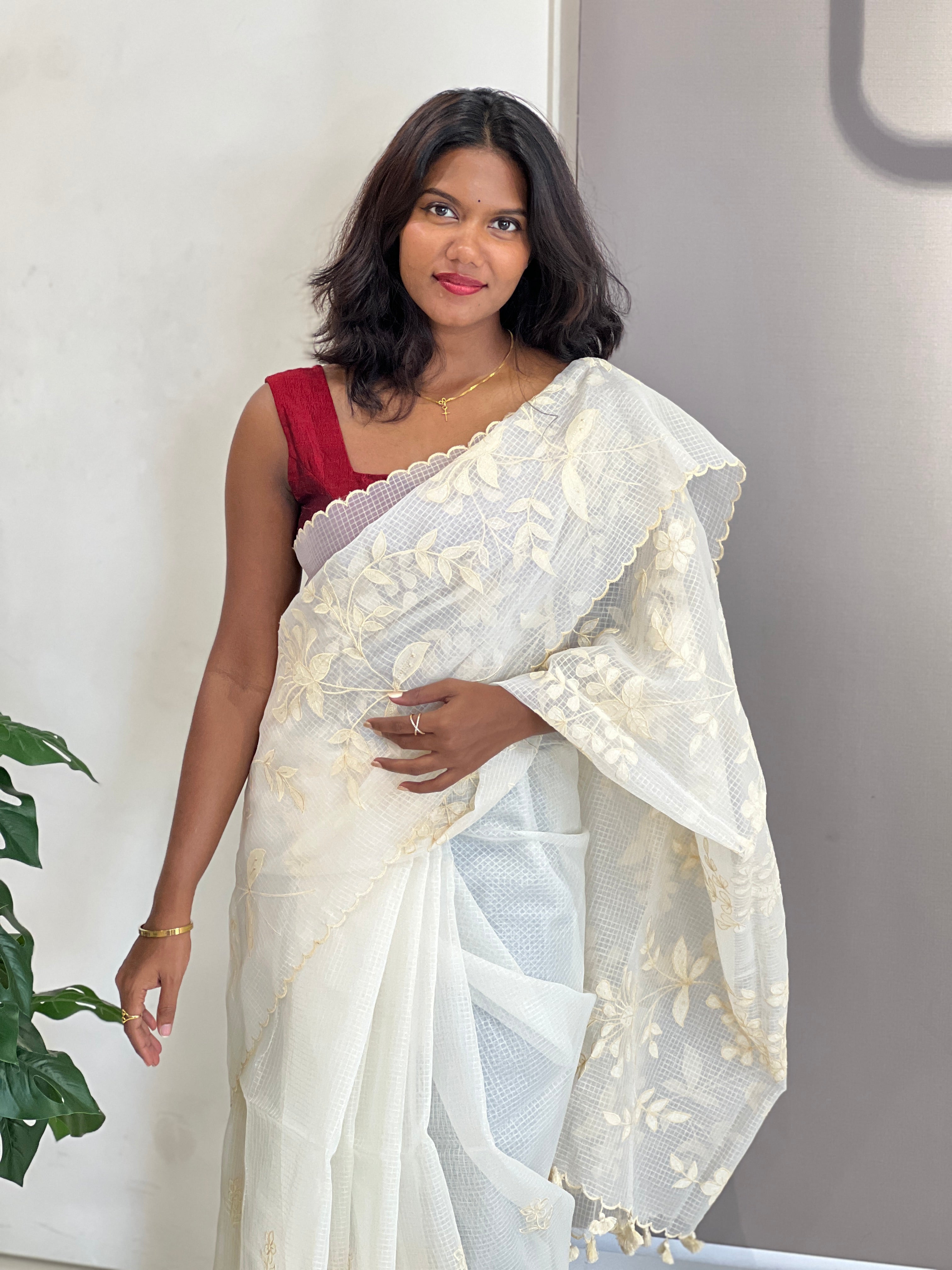 Applique Work & Embroidery Detailed Check Organza Saree | RSF113