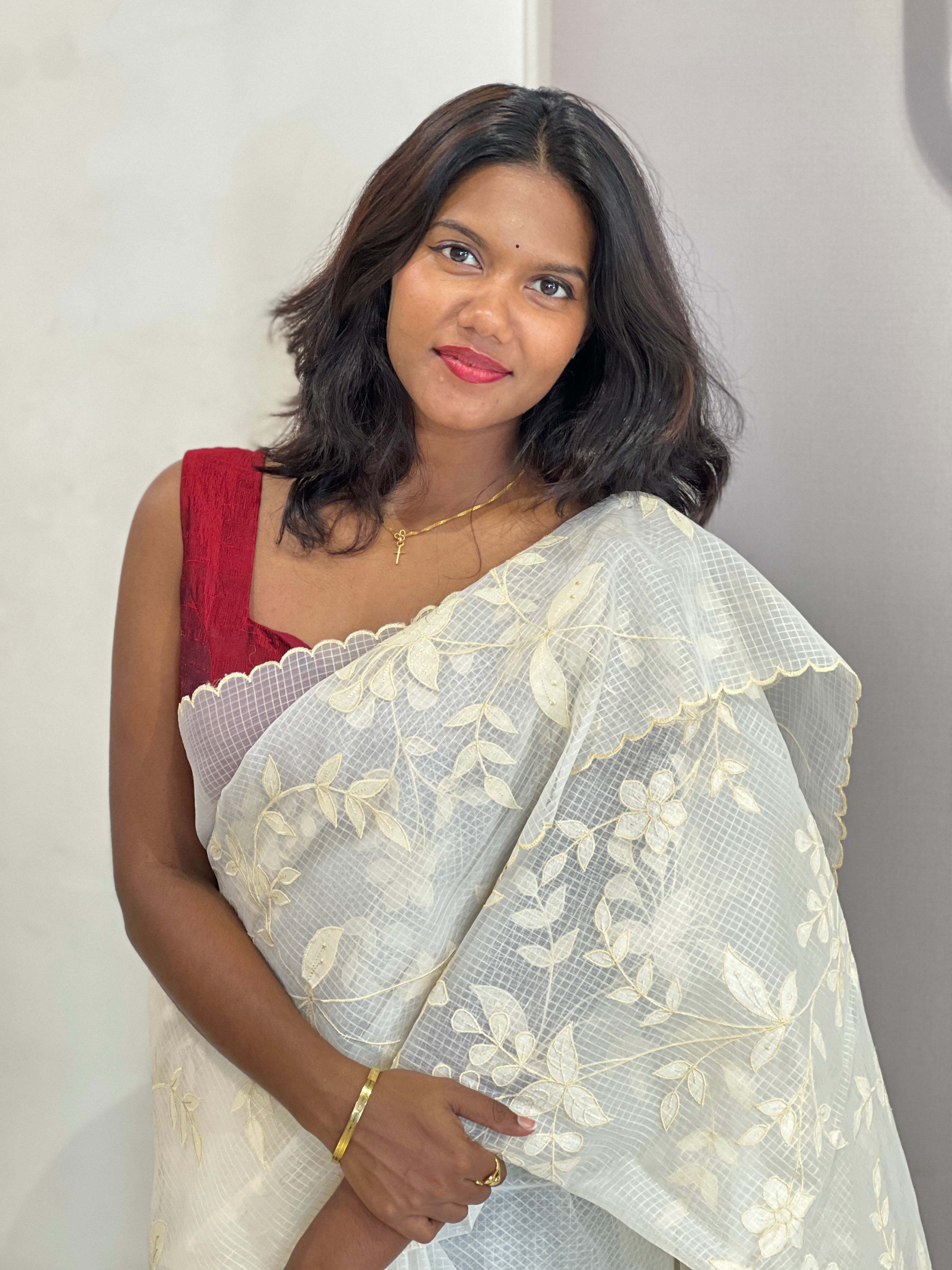 Applique Work & Embroidery Detailed Check Organza Saree | RSF113