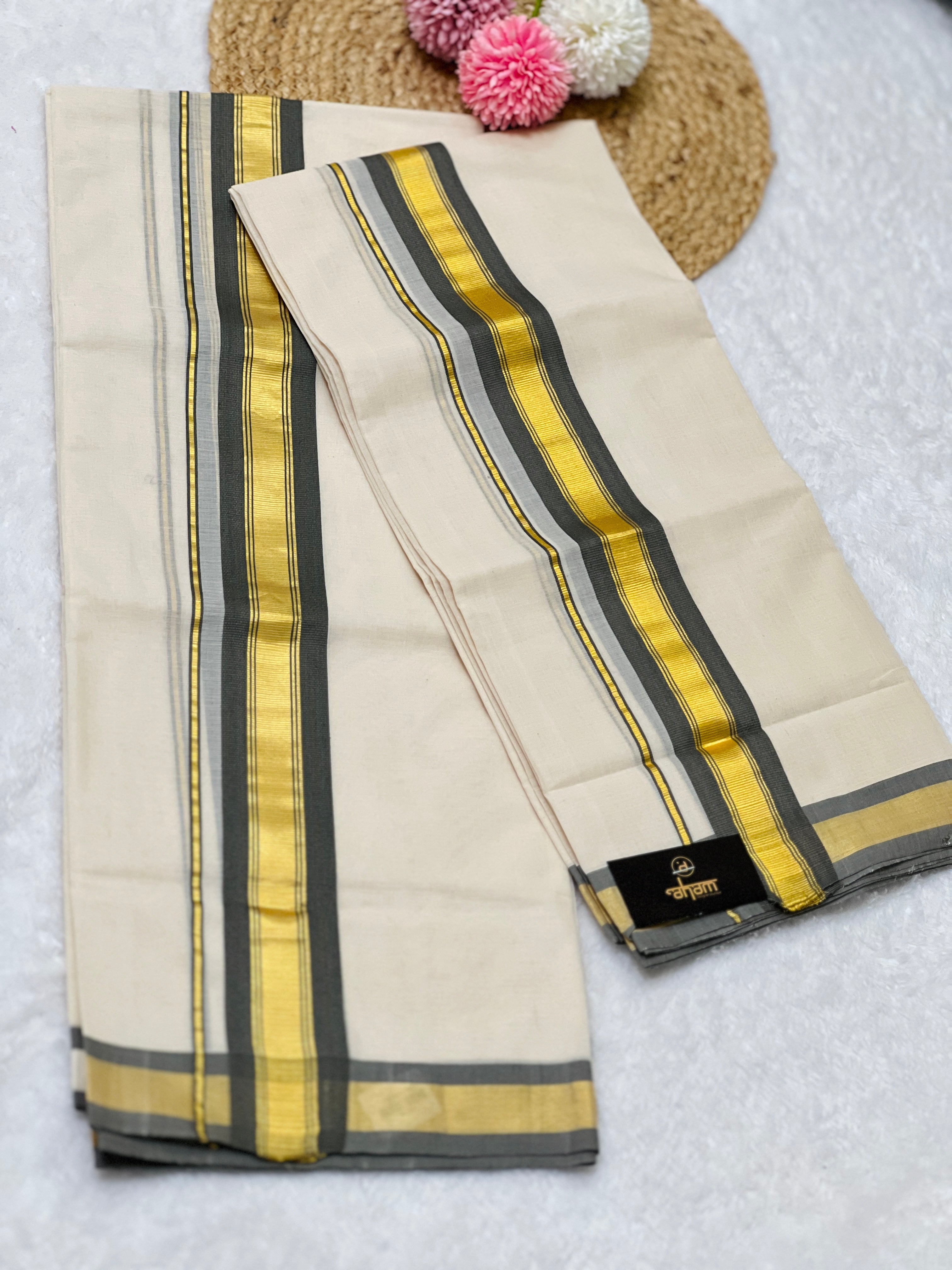 Golden Kasavu With Kara Detailed Kerala Cotton Set Mundu | KL337