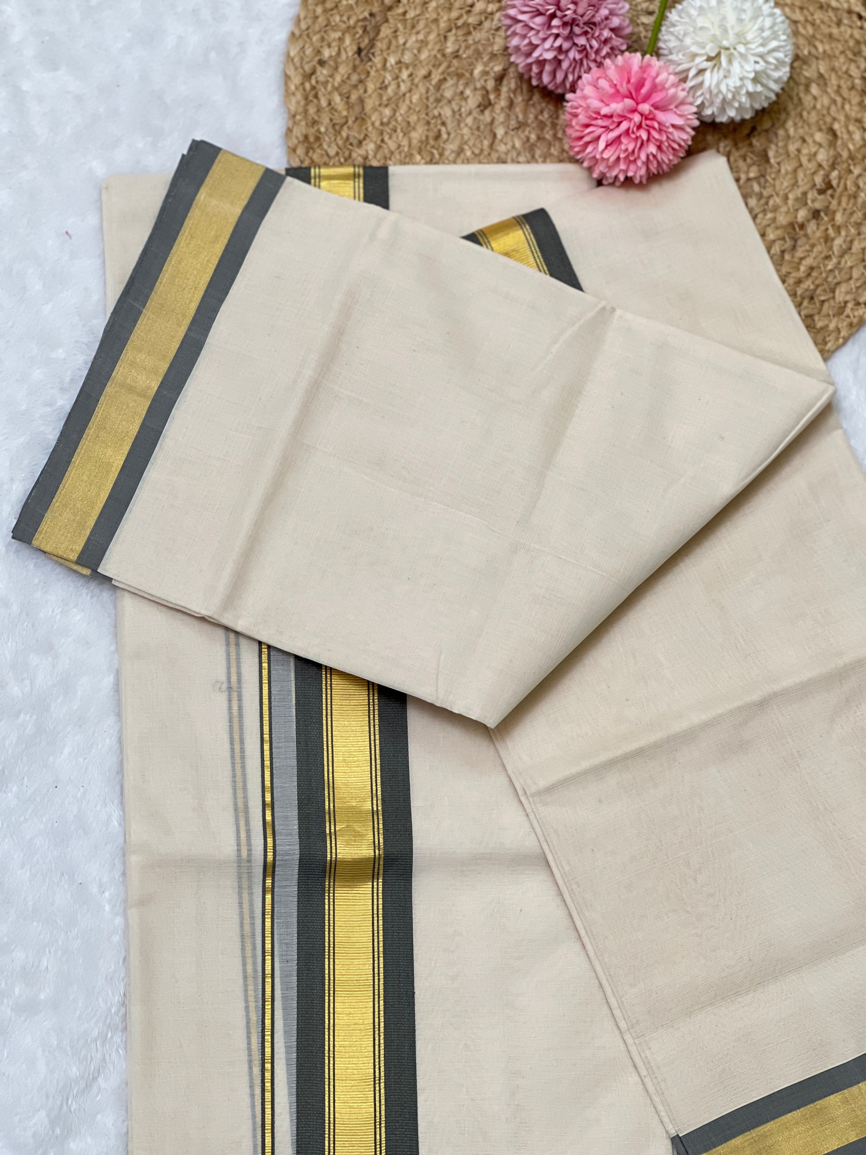 Golden Kasavu With Kara Detailed Kerala Cotton Set Mundu | KL337