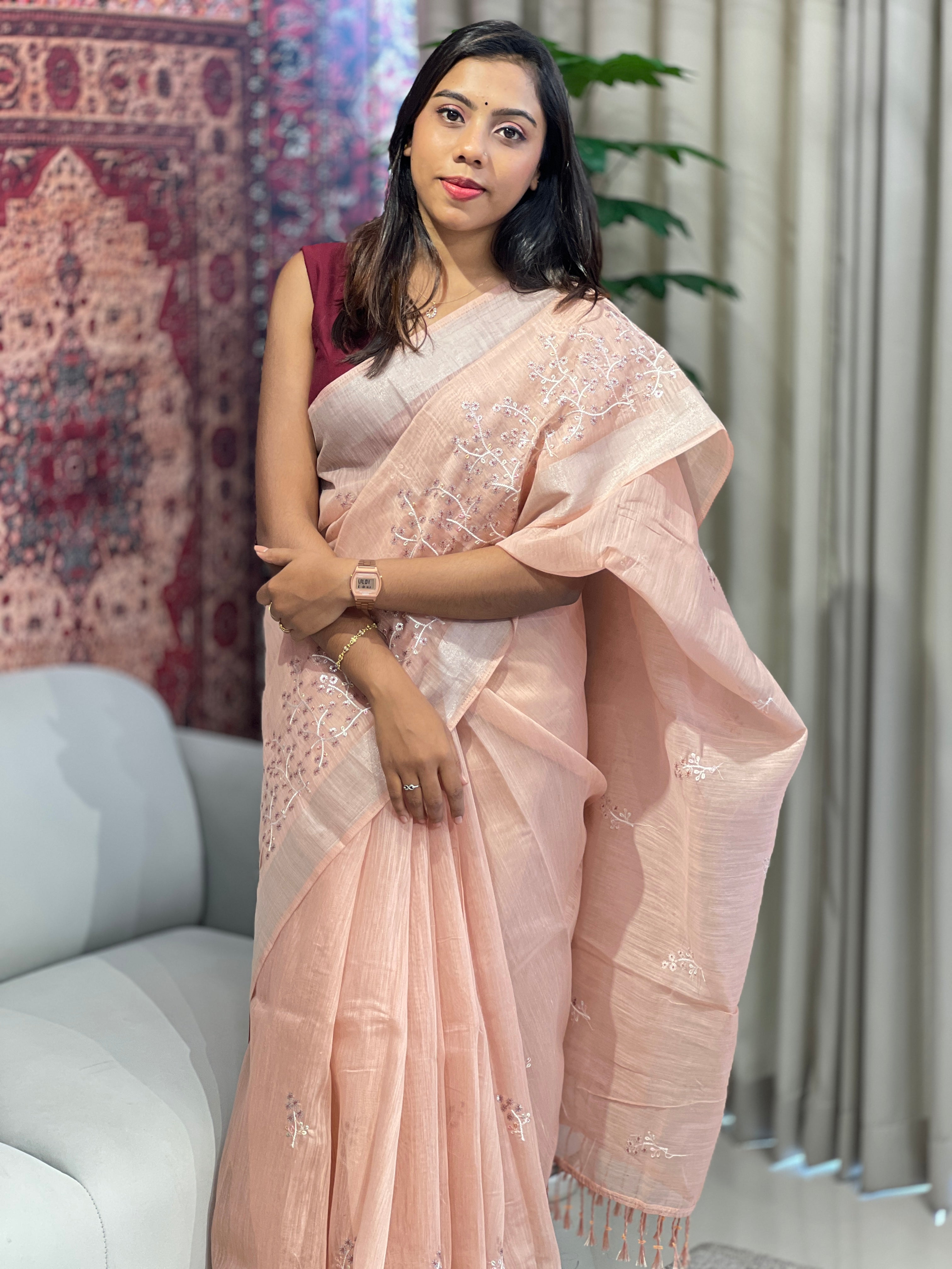 Machine Embroidery Detailed Chanderi Finish Saree | VDA277