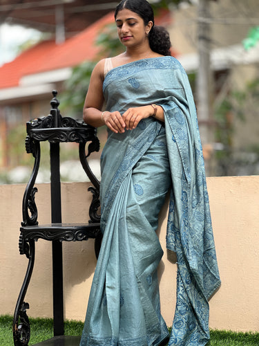 Hand Done Floral Motif Embroidery Design  Pure Tussar Saree | SBS613