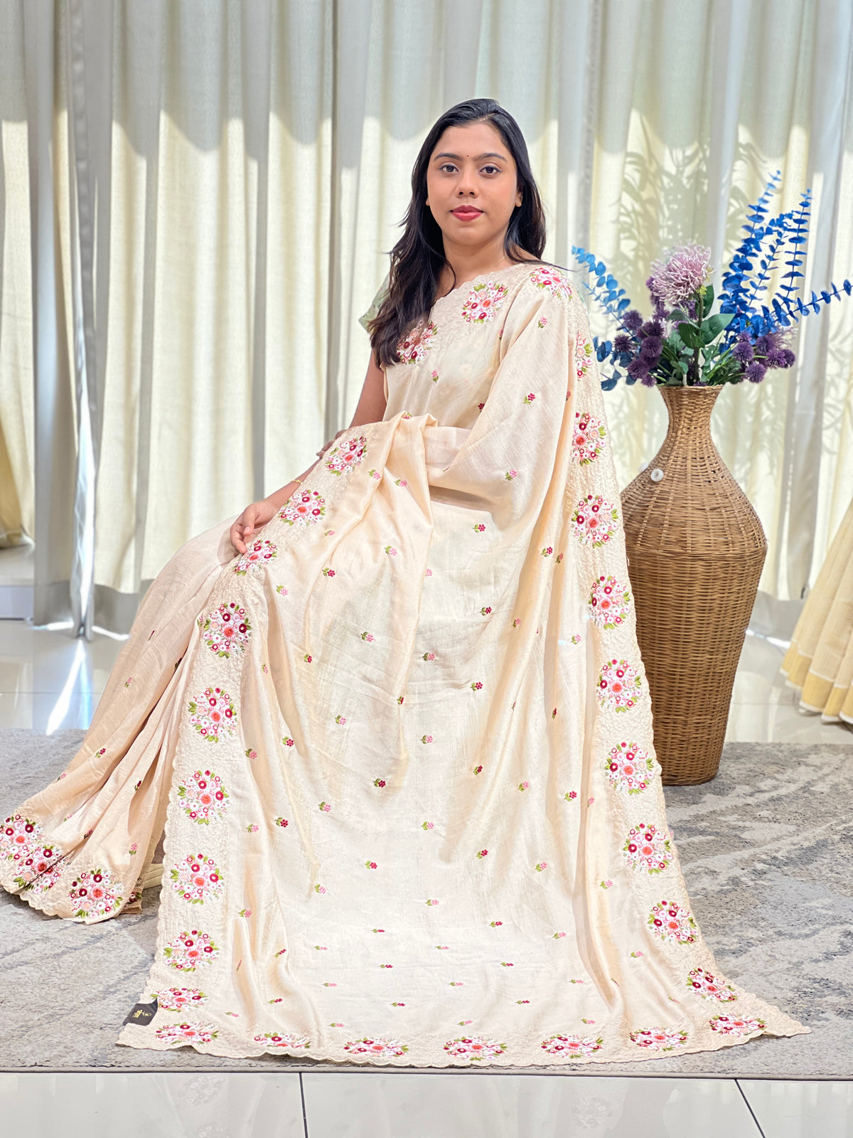 Floral Embroidery Pattern Semi Silk Saree | RP849
