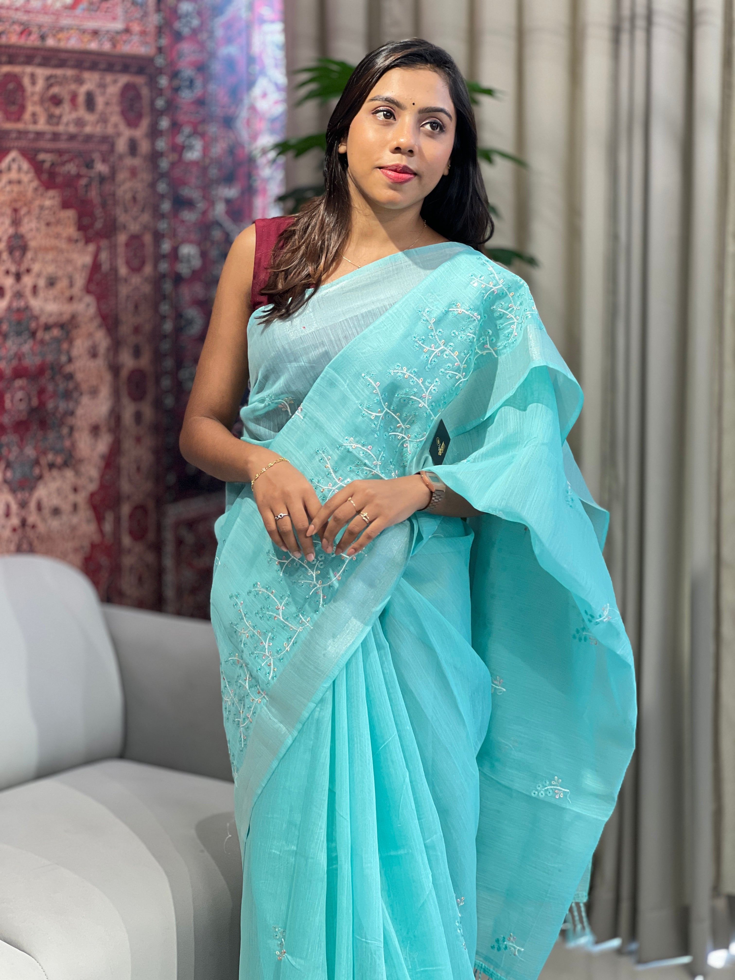 Machine Embroidery Detailed Chanderi Finish Saree | VDA279