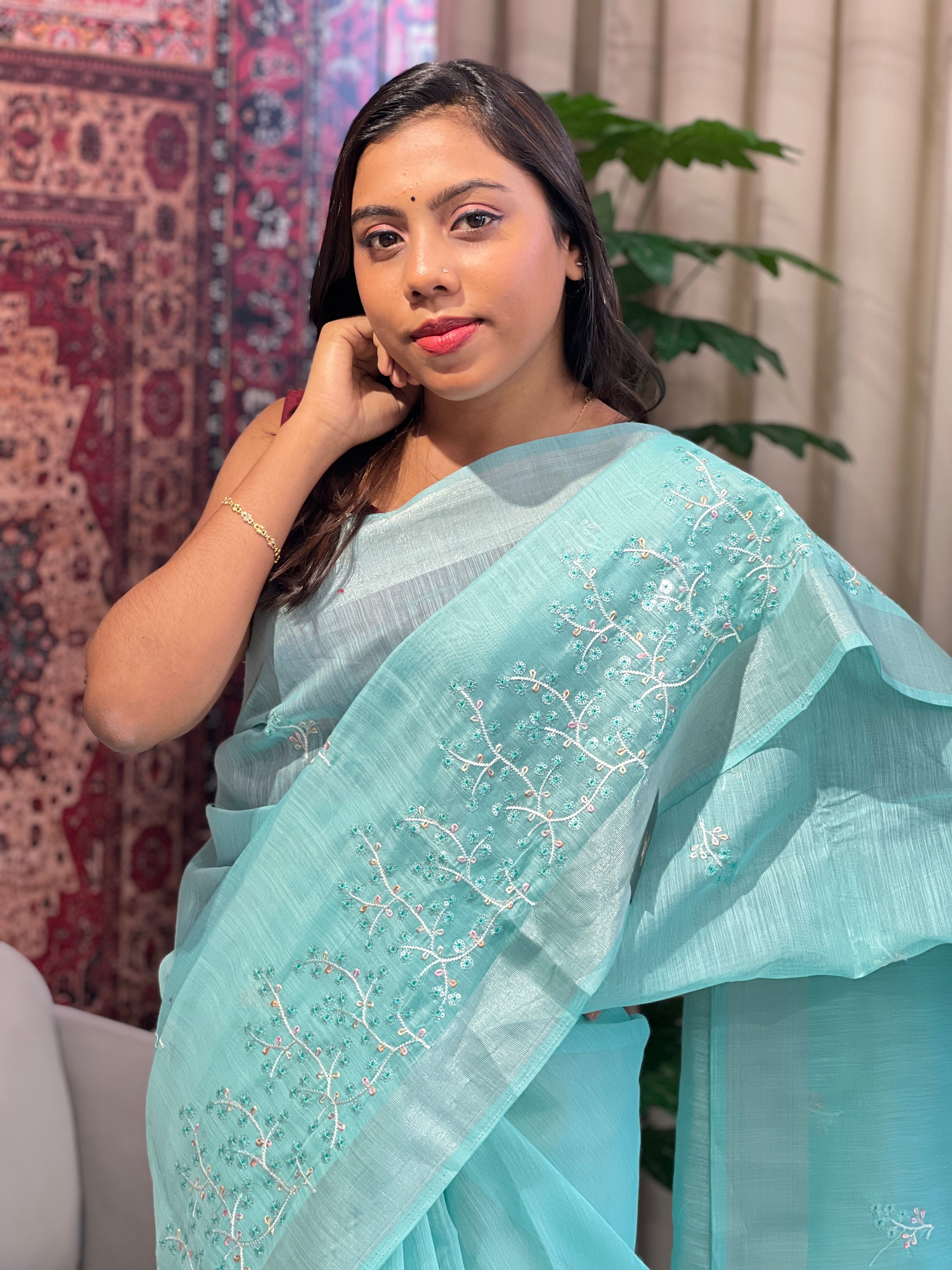 Machine Embroidery Detailed Chanderi Finish Saree | VDA279