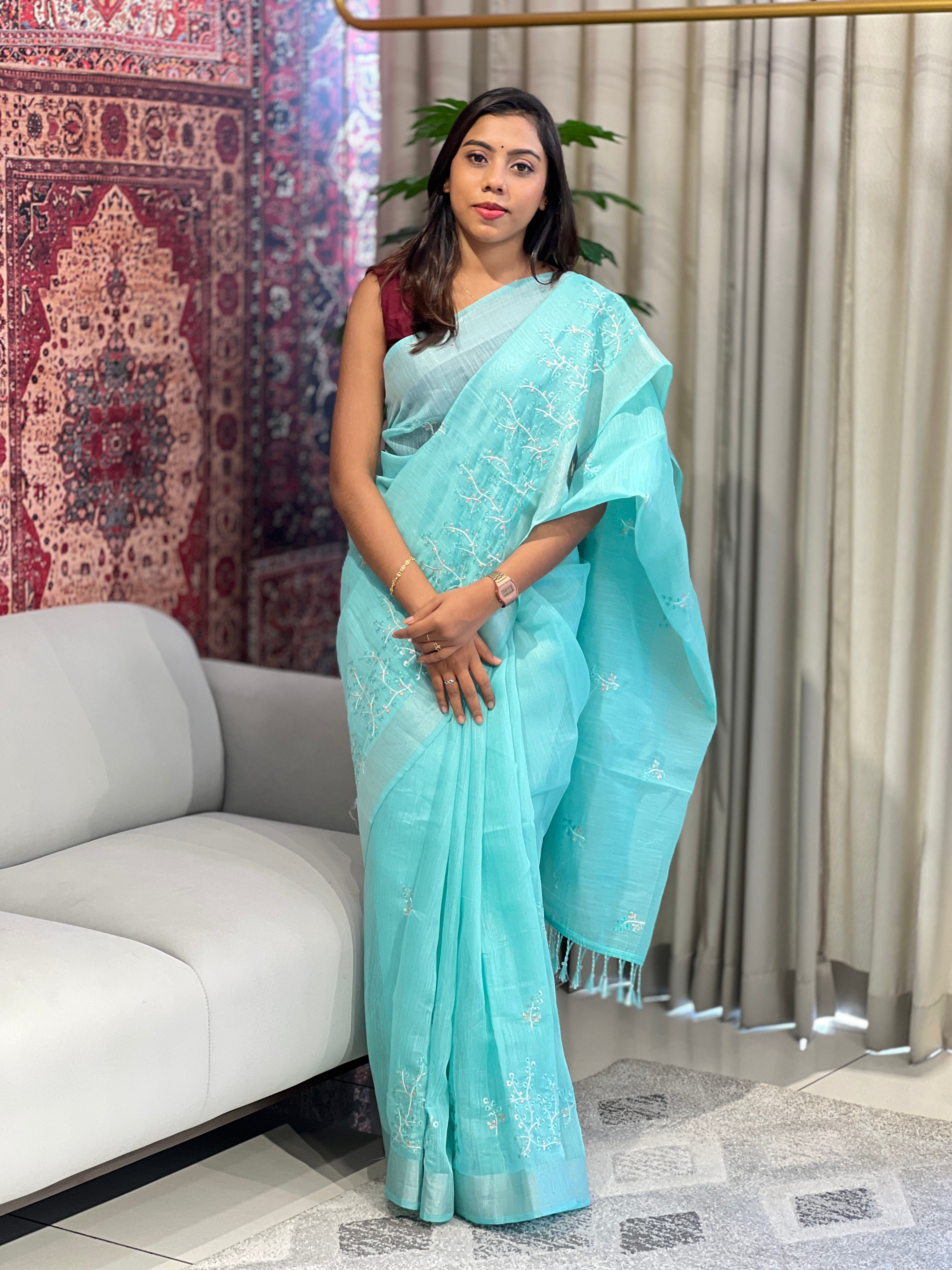 Machine Embroidery Detailed Chanderi Finish Saree | VDA279