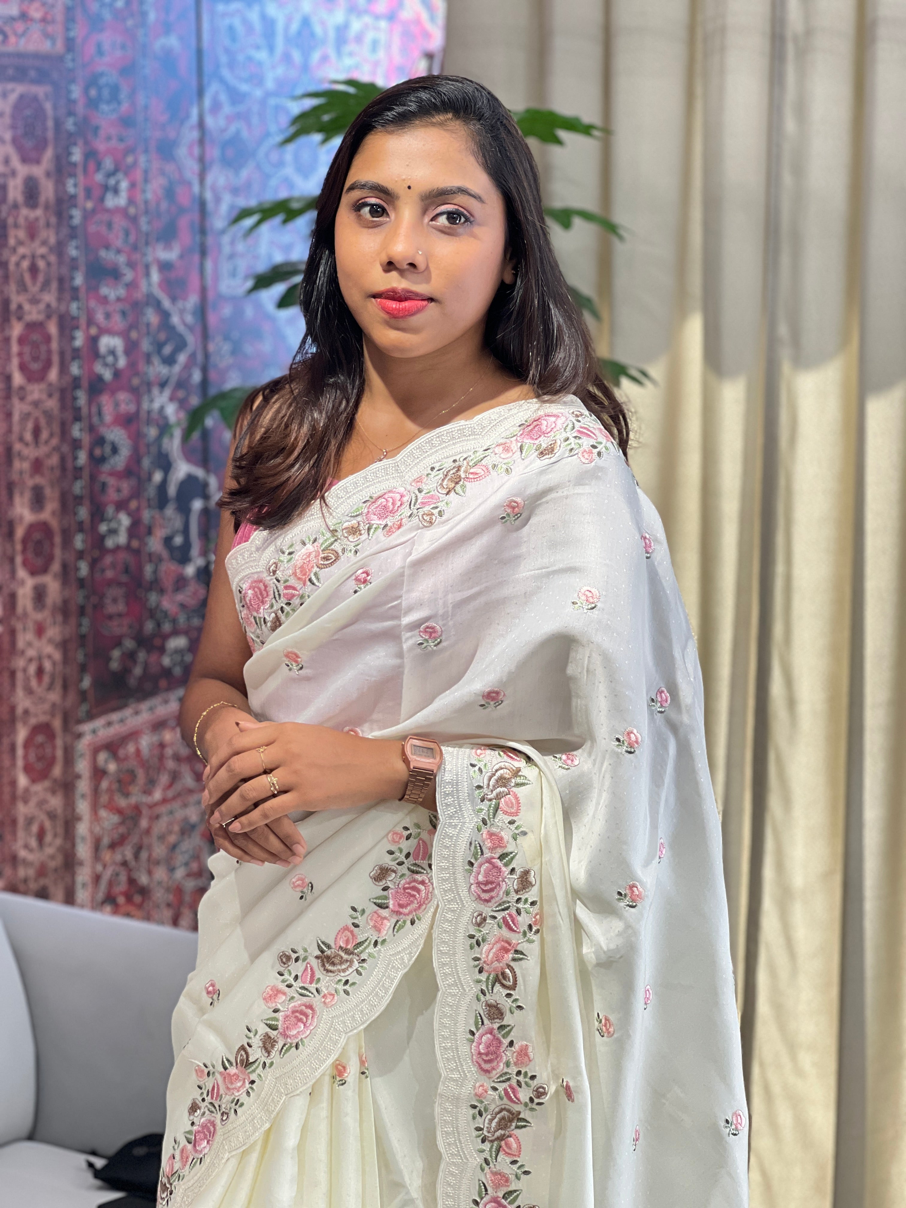 Floral Embroidered Semi Tussar Saree | SUN531
