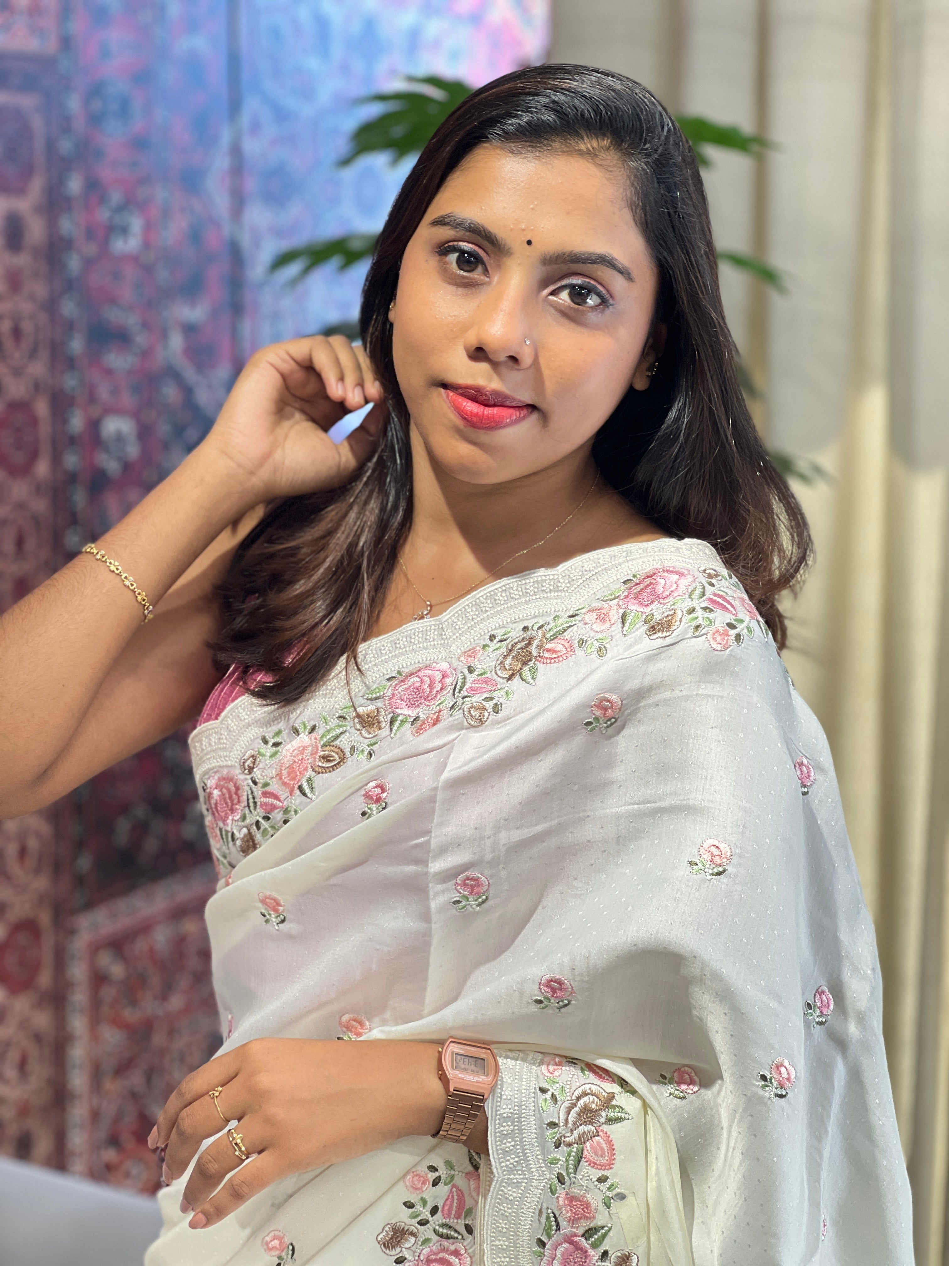 Floral Embroidered Semi Tussar Saree | SUN531