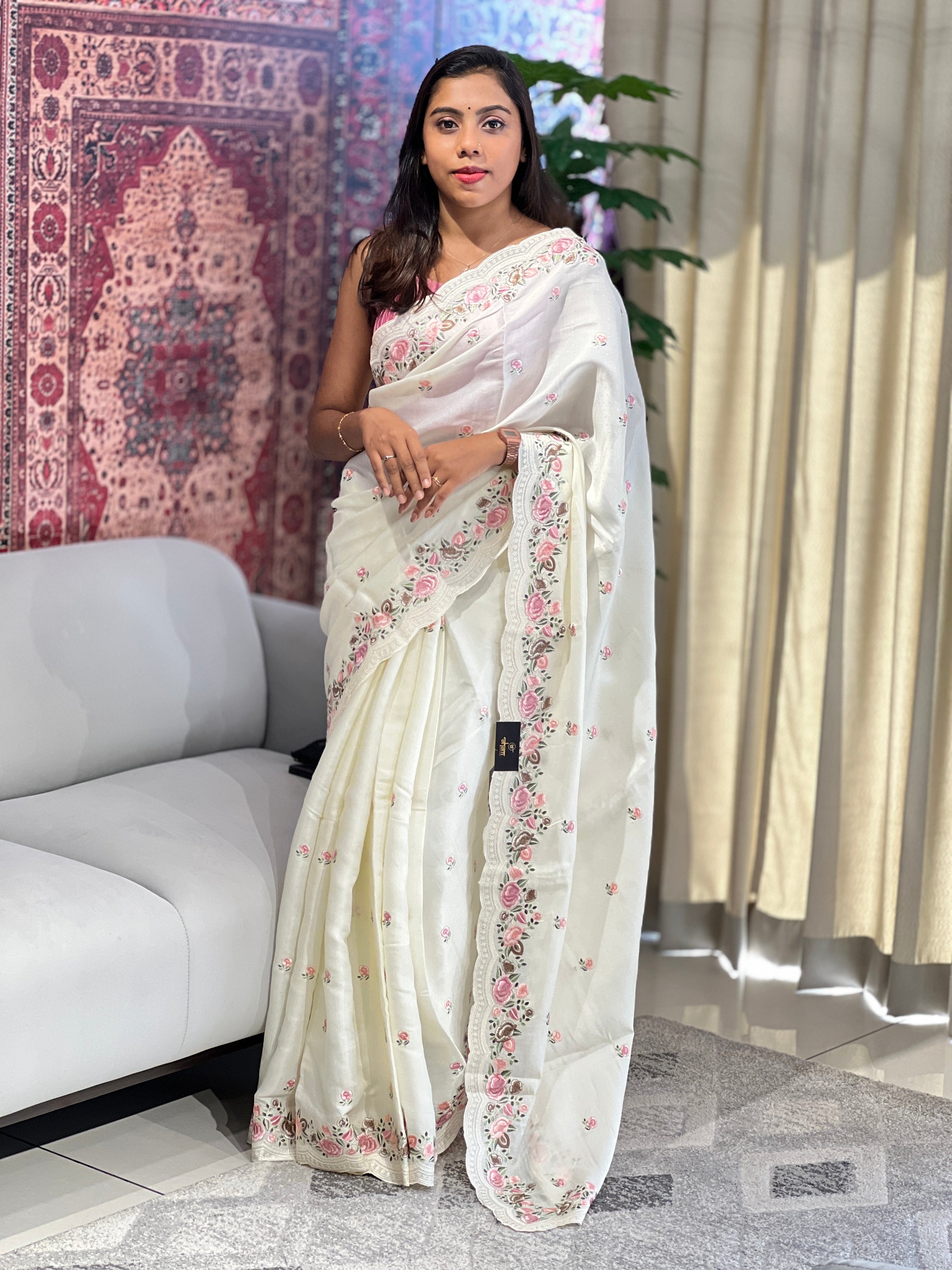 Floral Embroidered Semi Tussar Saree | SUN531
