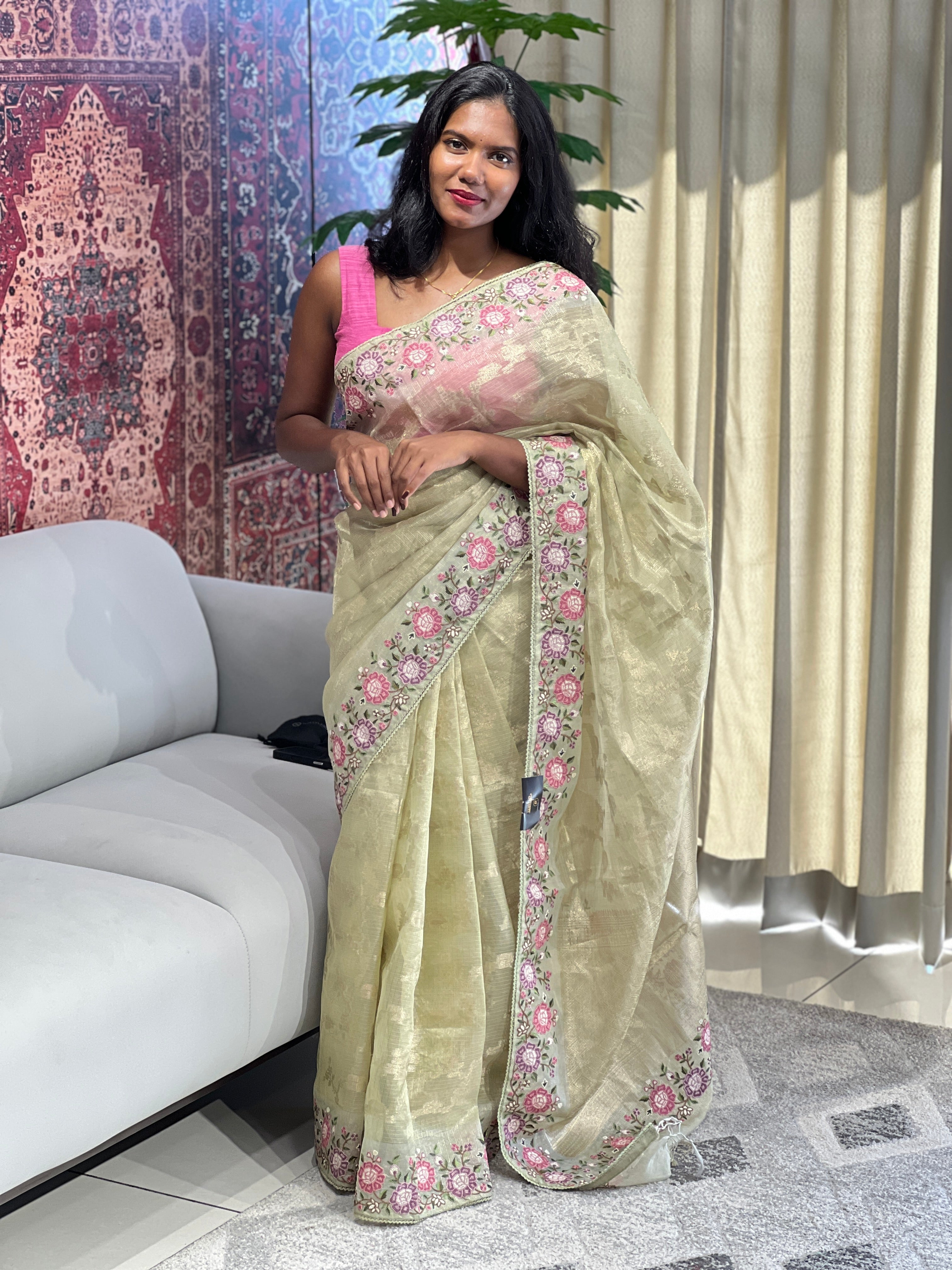 Banarasi & Floral Embroidery Detailed Tissue Organza Saree | SUN509
