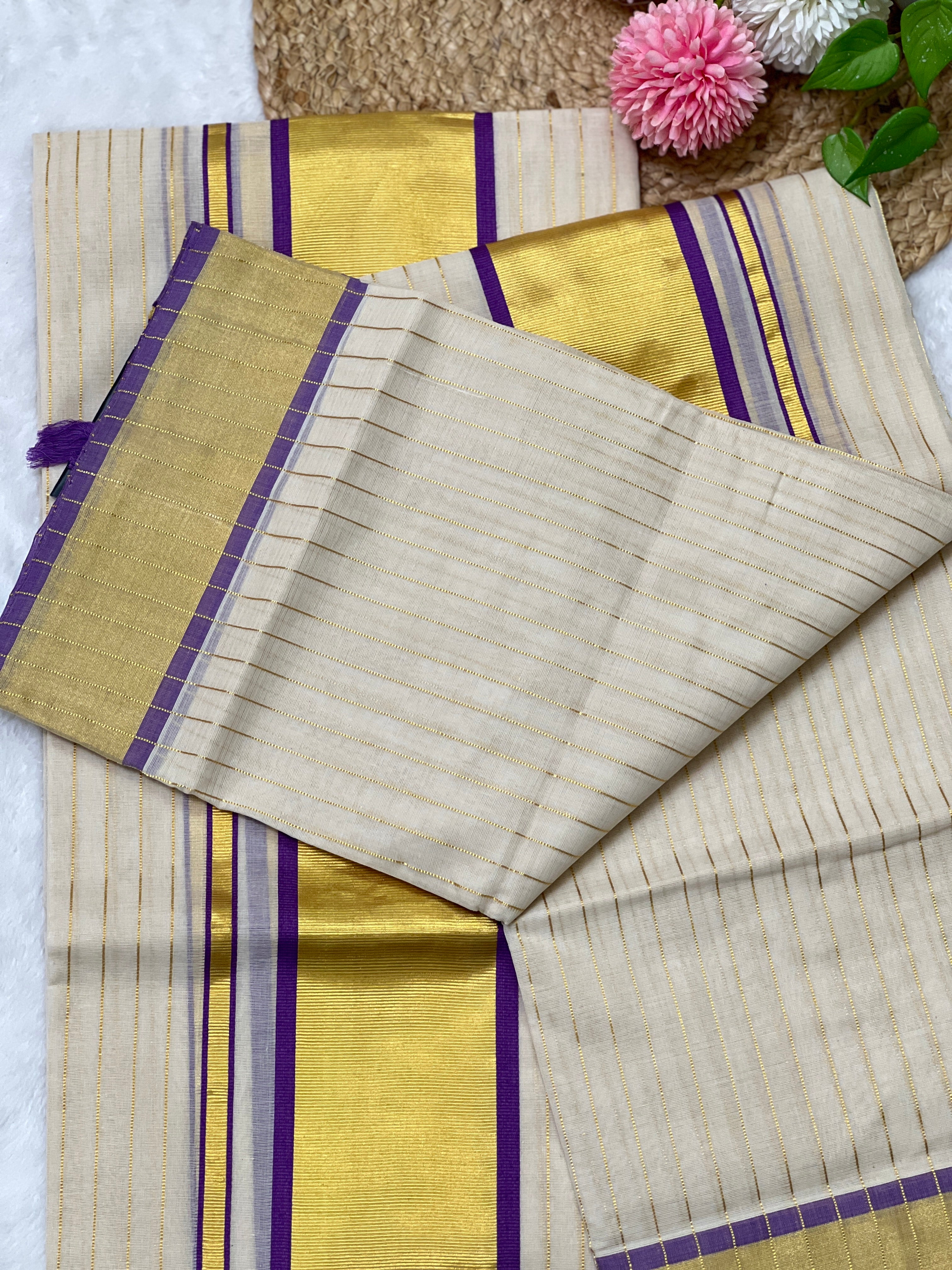 Stripe Weaving Patterned Kerala Cotton Set Mundu | KL348