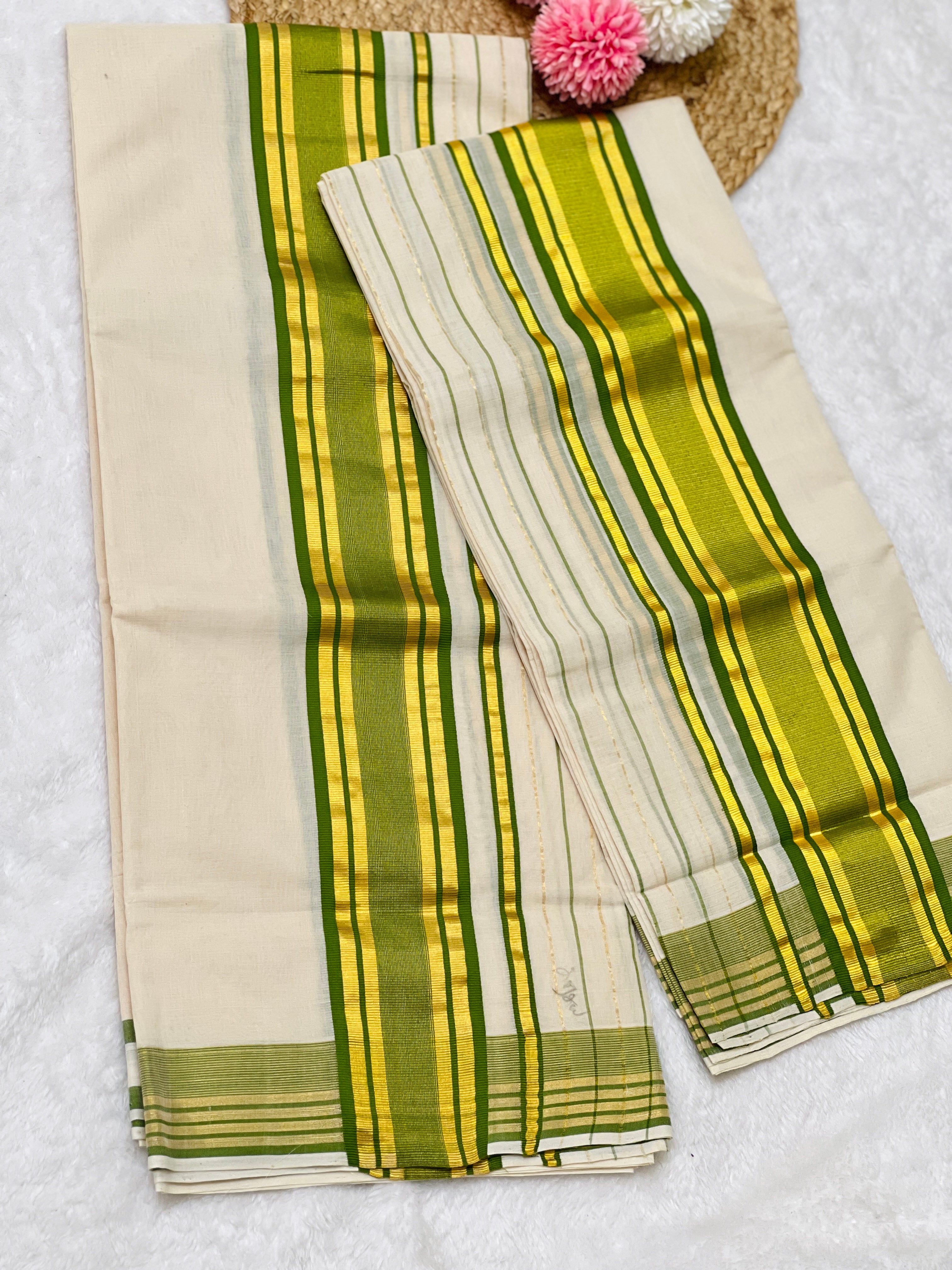 Golden Kasavu With Kara Border Detailed Kerala Cotton Set Mundu | KL345