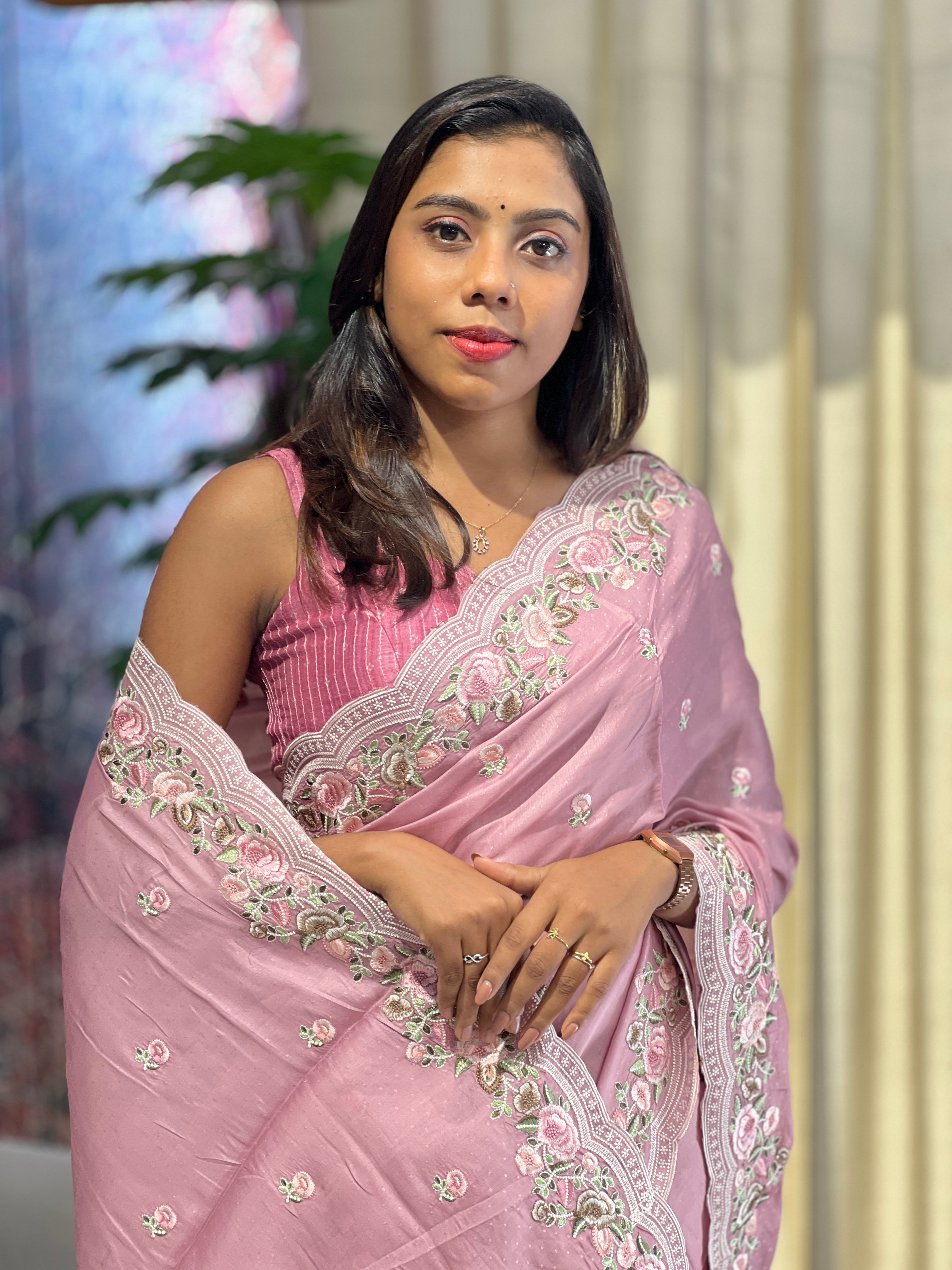 Floral Embroidered Semi Tussar Saree | SUN530