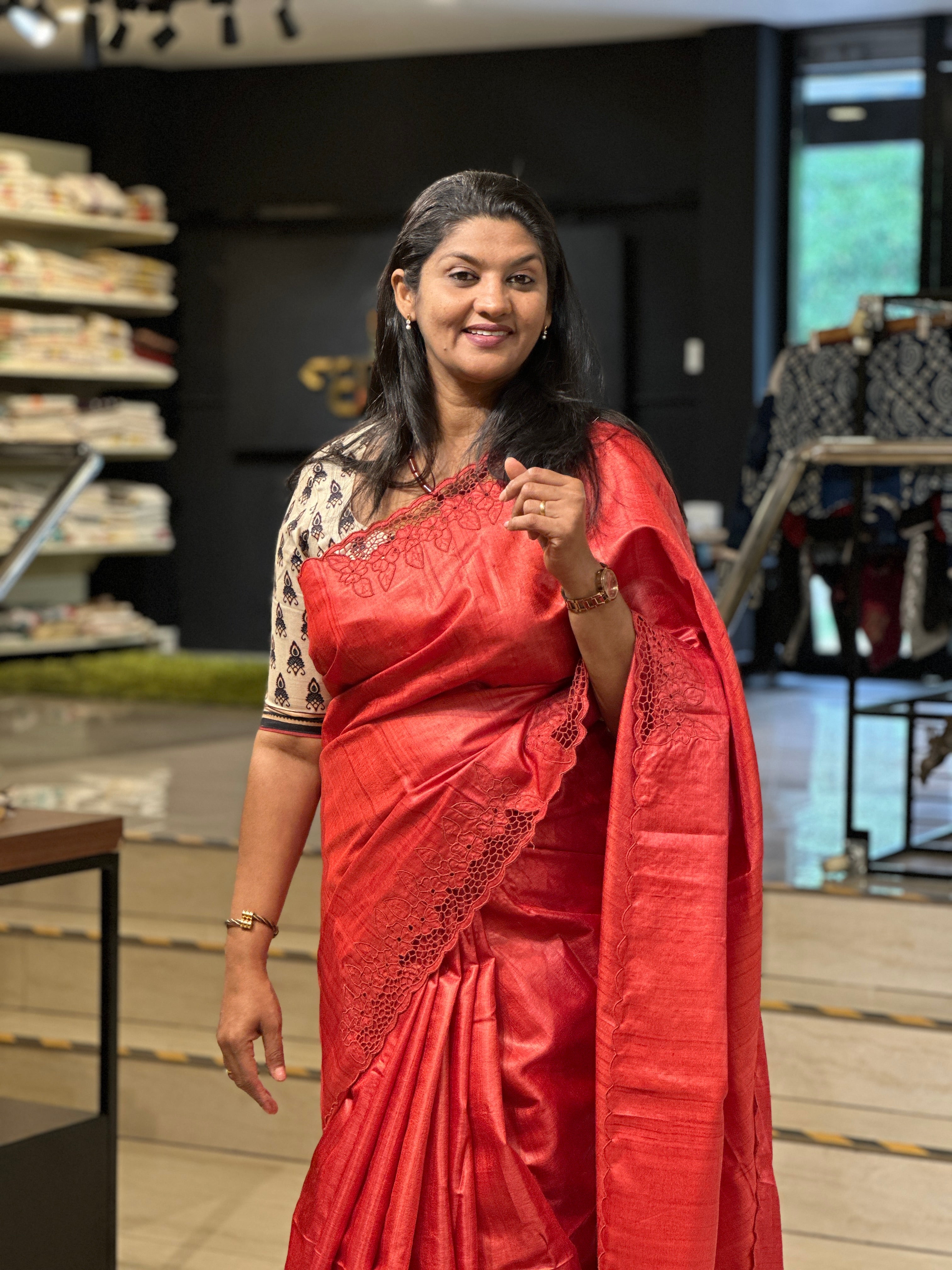 Floral Twine Cut Work Placement Embroidered Desi Tussar Saree | TC445
