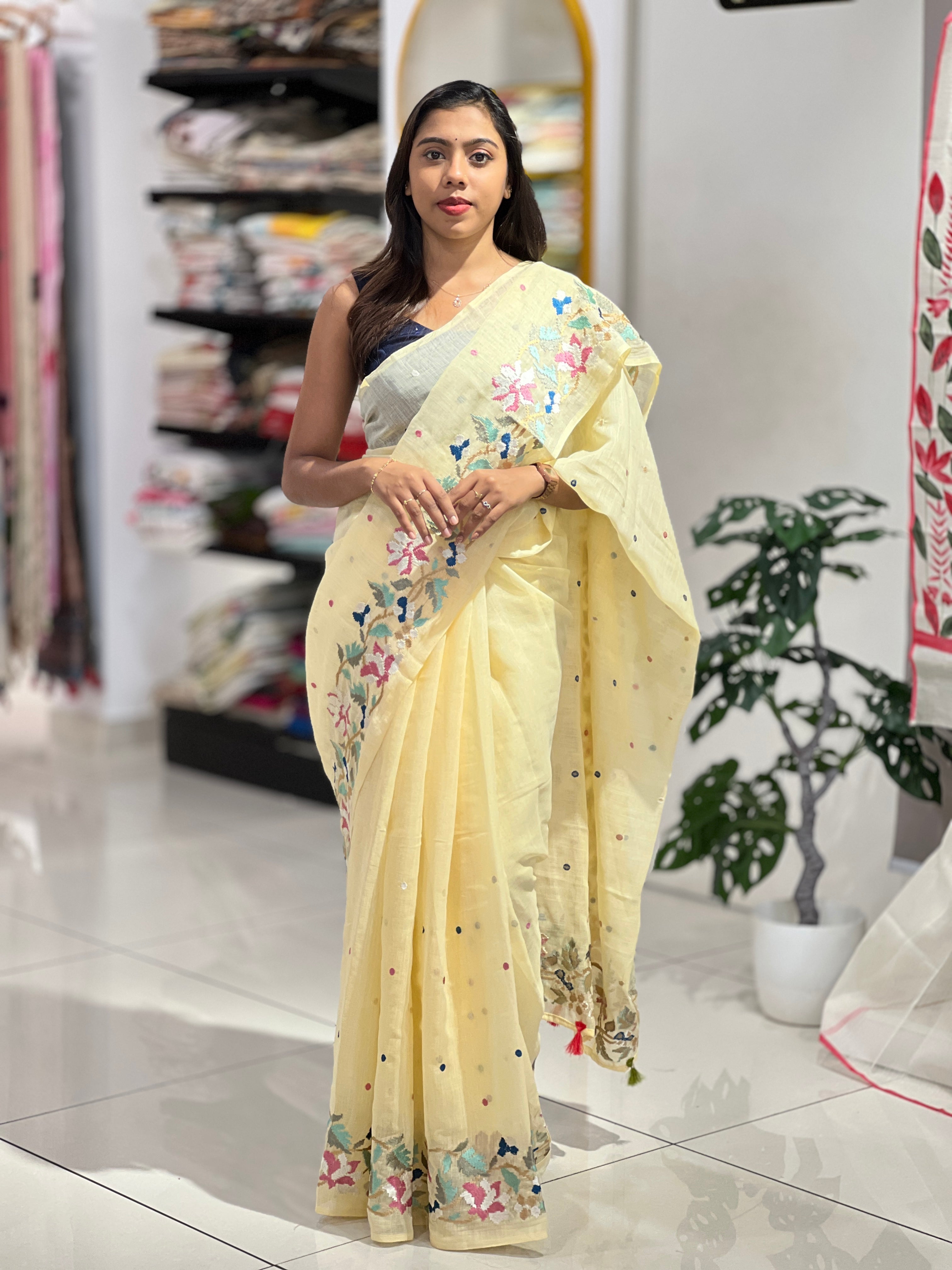 Floral Embroidered Linen Cotton Saree | RP796