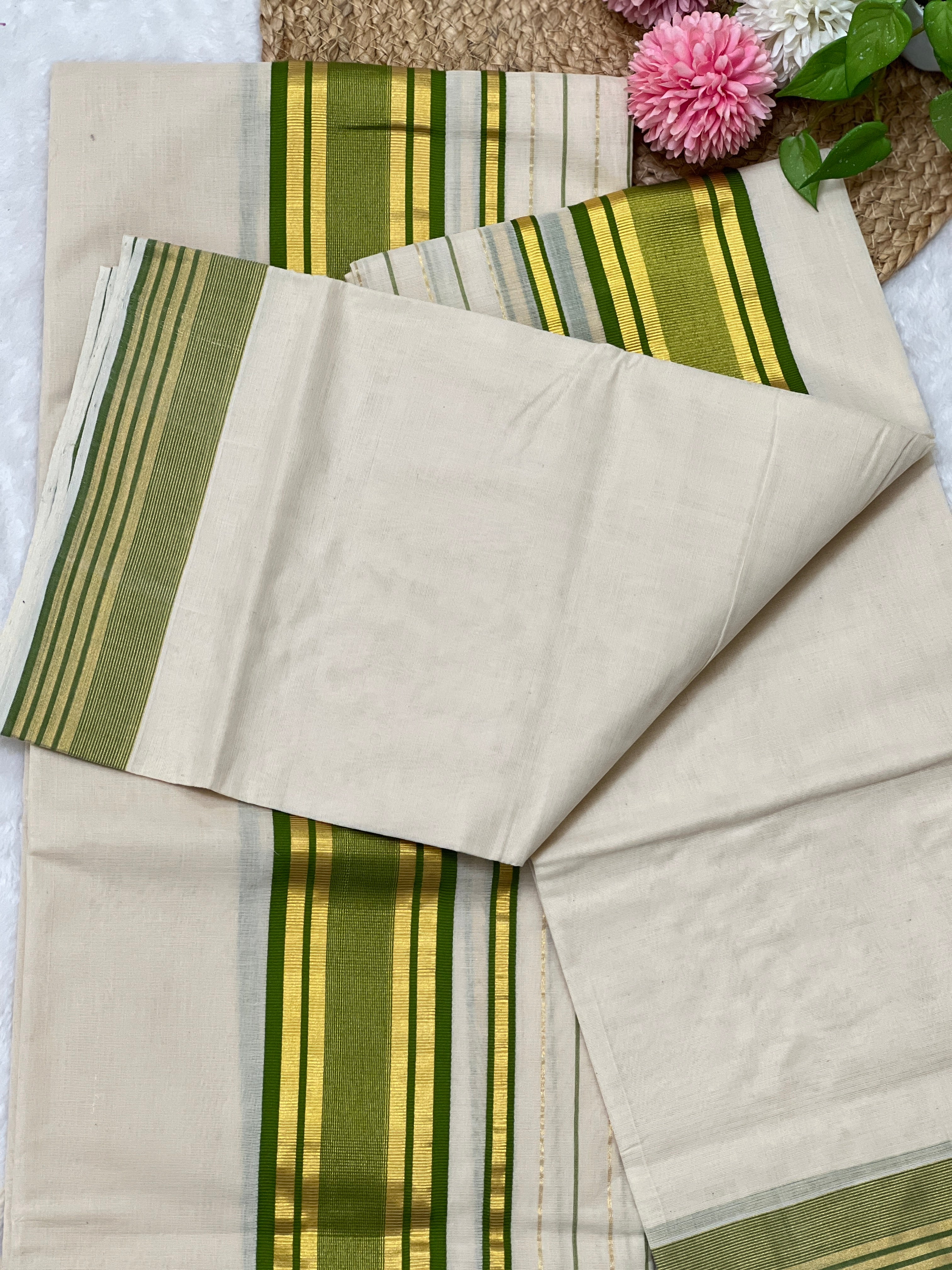 Golden Kasavu With Kara Border Detailed Kerala Cotton Set Mundu | KL345