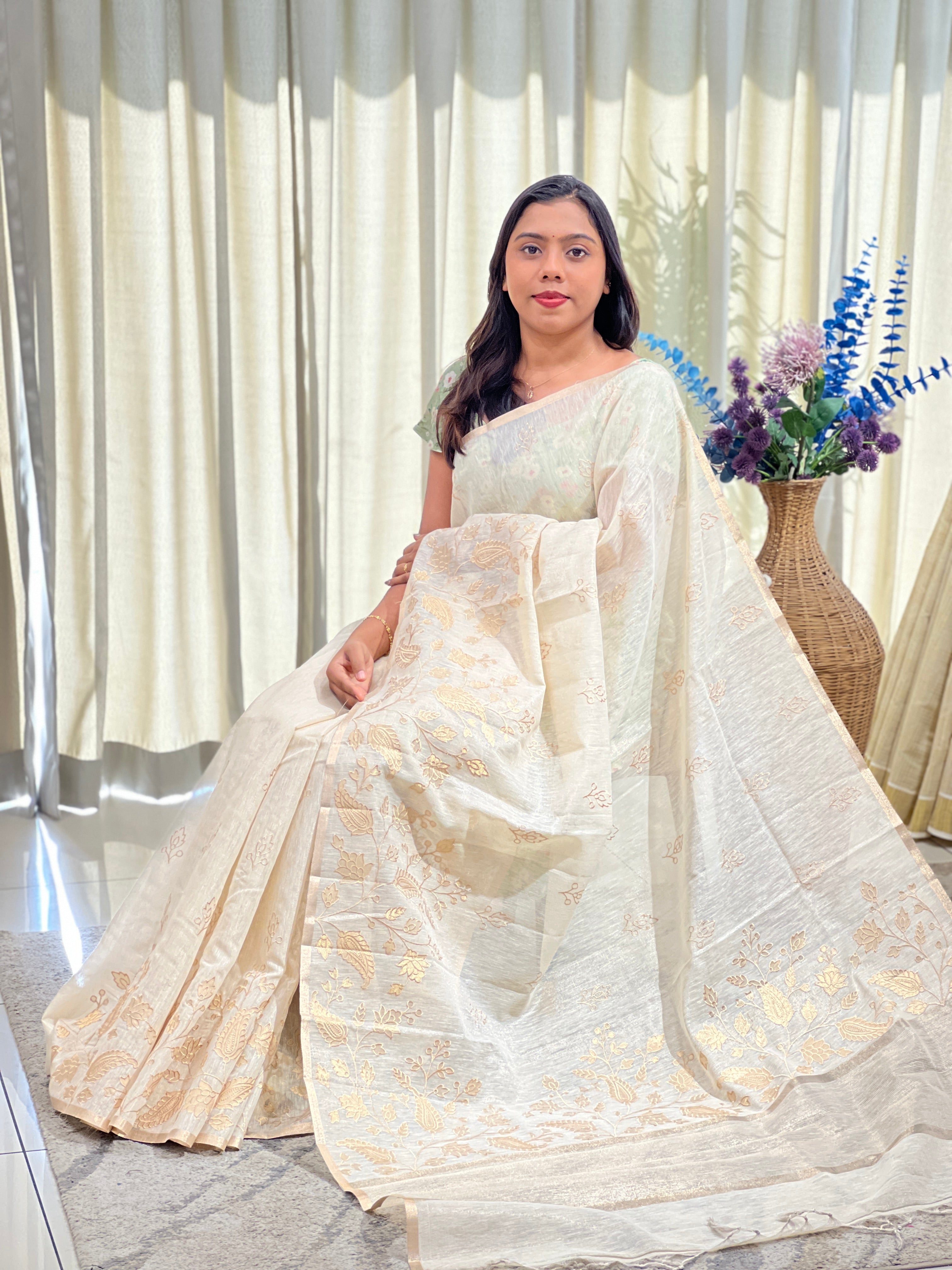 Floral Embroidered Applique Linen Tissue Saree | ZSS515