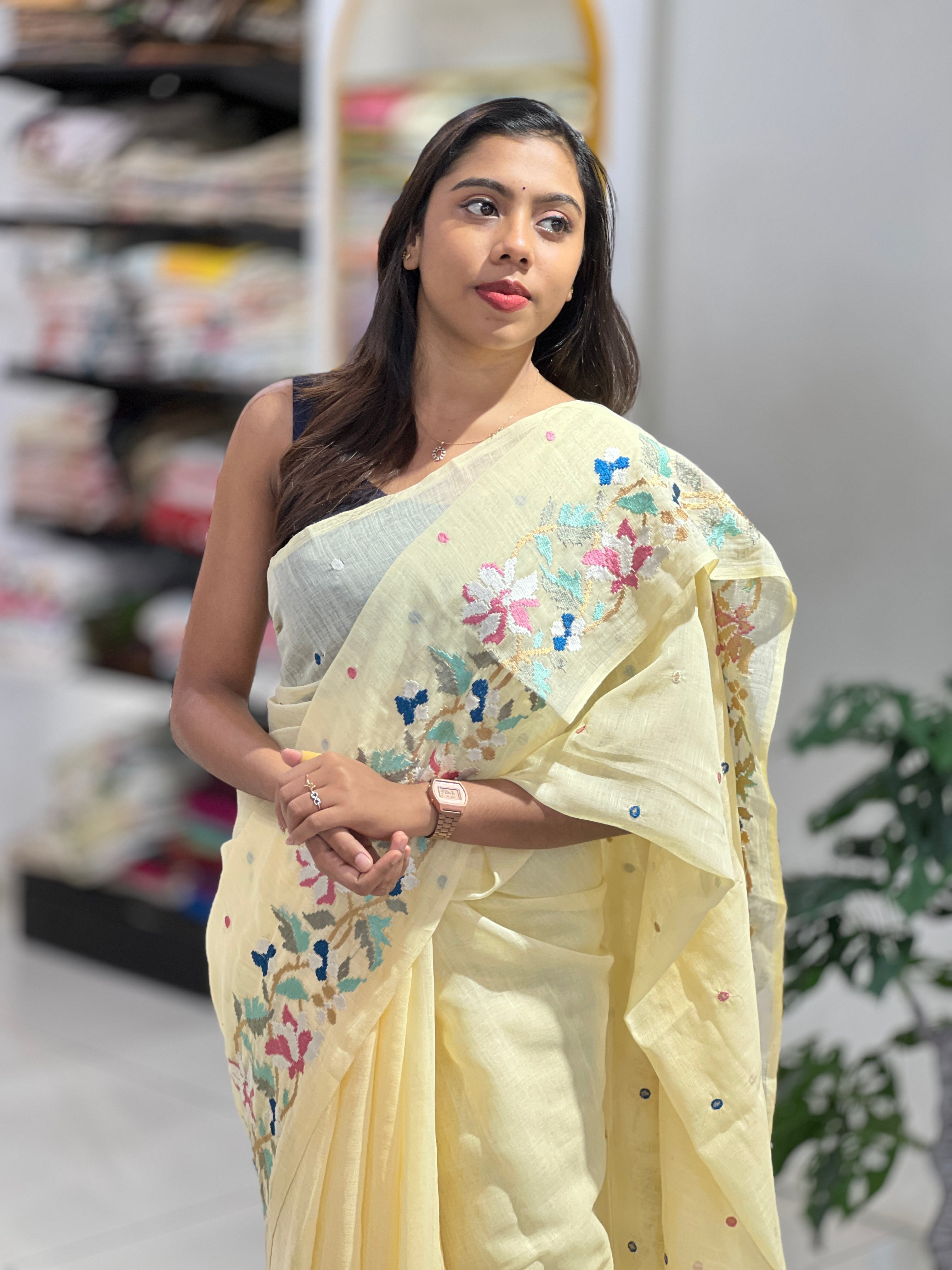 Floral Embroidered Linen Cotton Saree | RP796