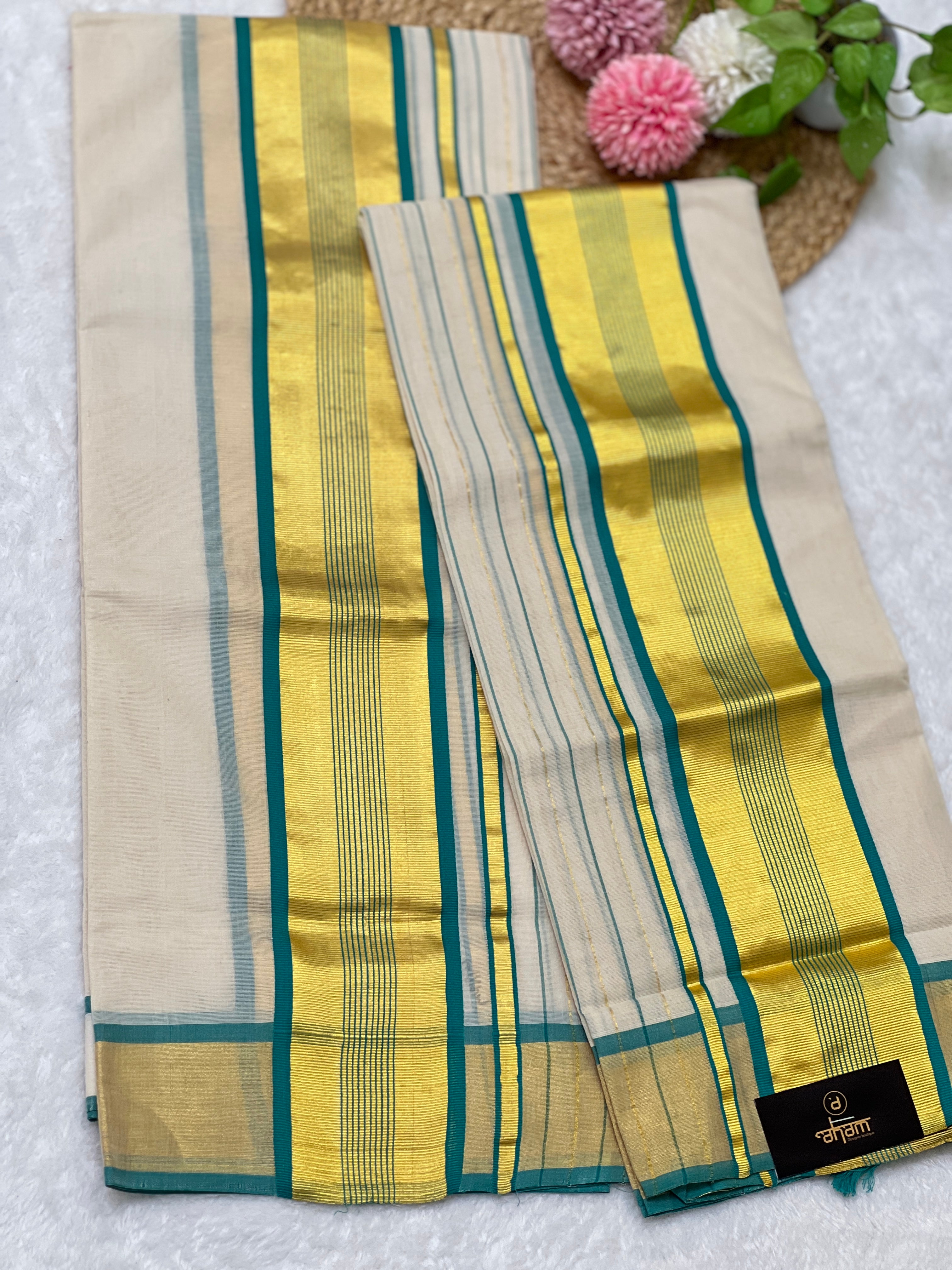 Golden Kasavu With Kara Border Detailed Kerala Cotton Set Mundu | KL346