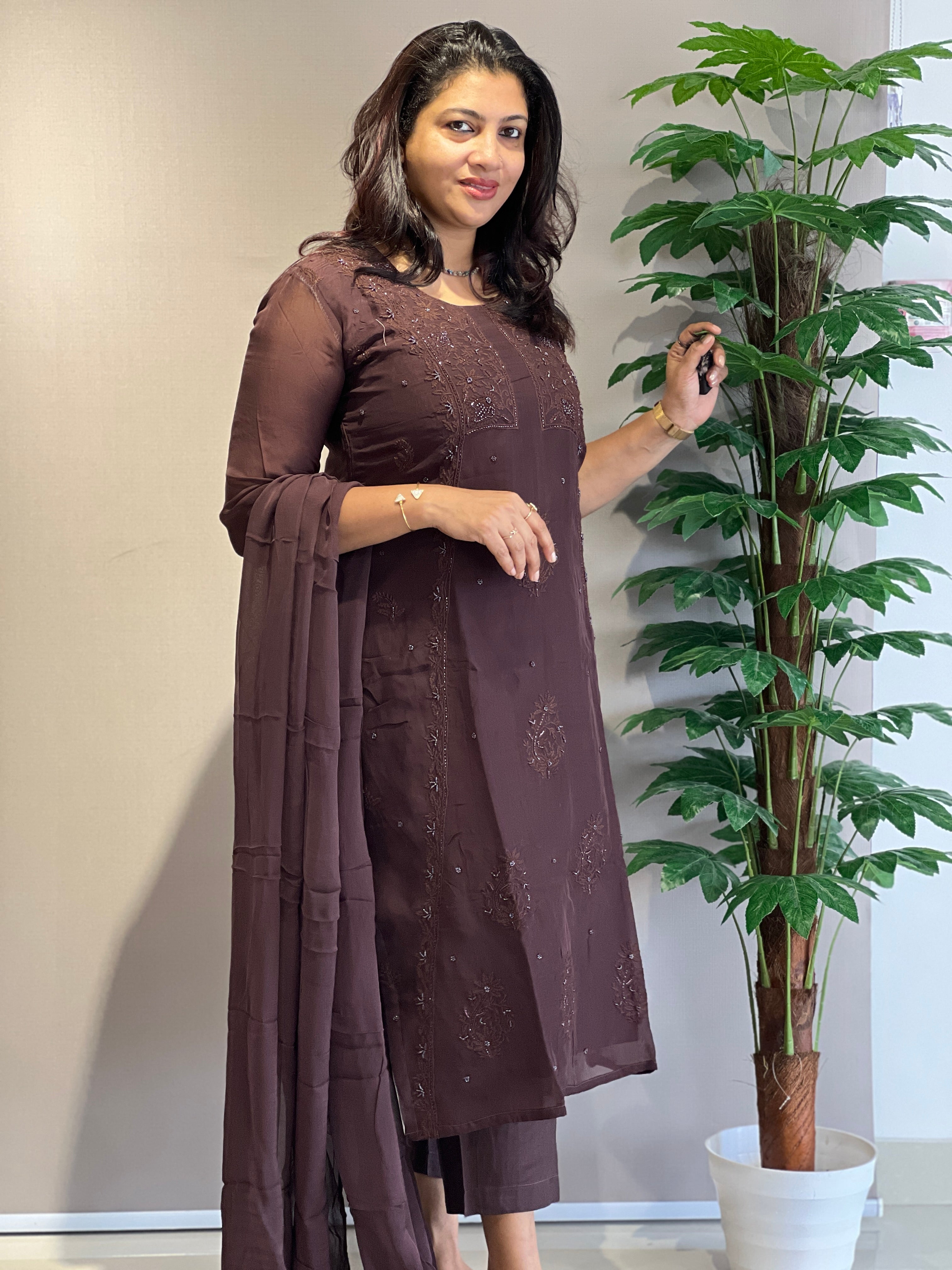 Lucknowi Embroidery Viscose Silk Organza Unstitched Salwar Set | PHU121