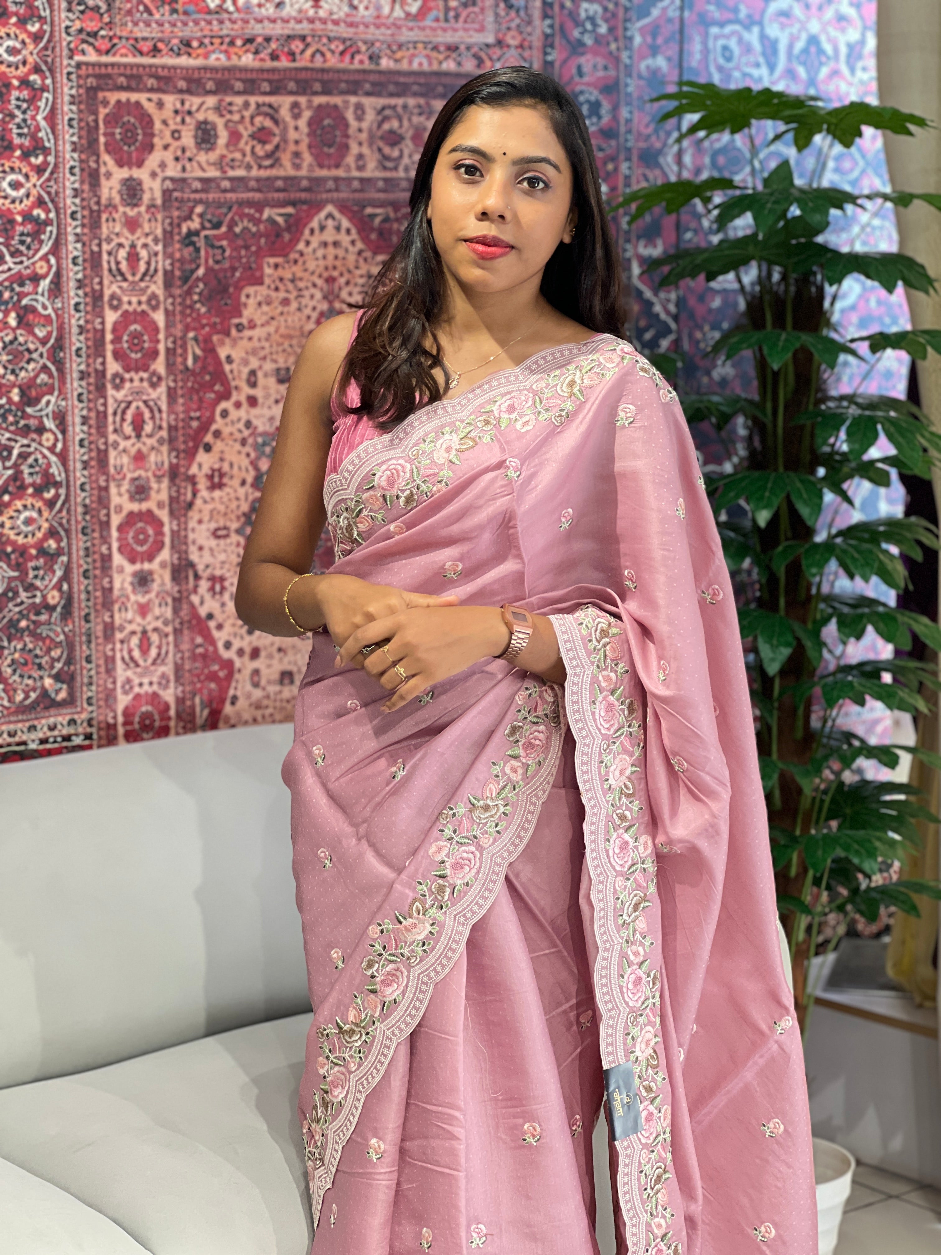 Floral Embroidered Semi Tussar Saree | SUN530