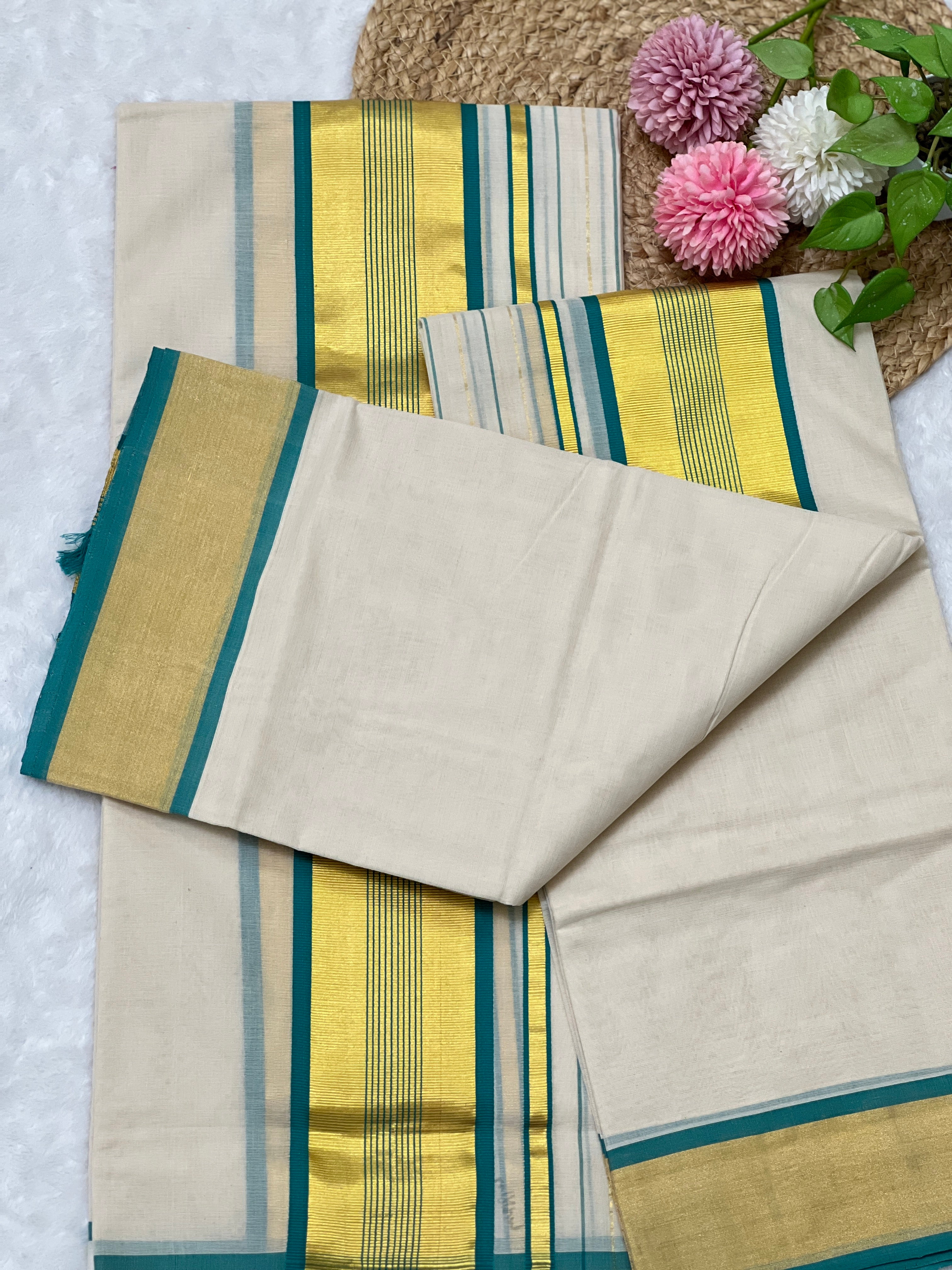 Golden Kasavu With Kara Border Detailed Kerala Cotton Set Mundu | KL346