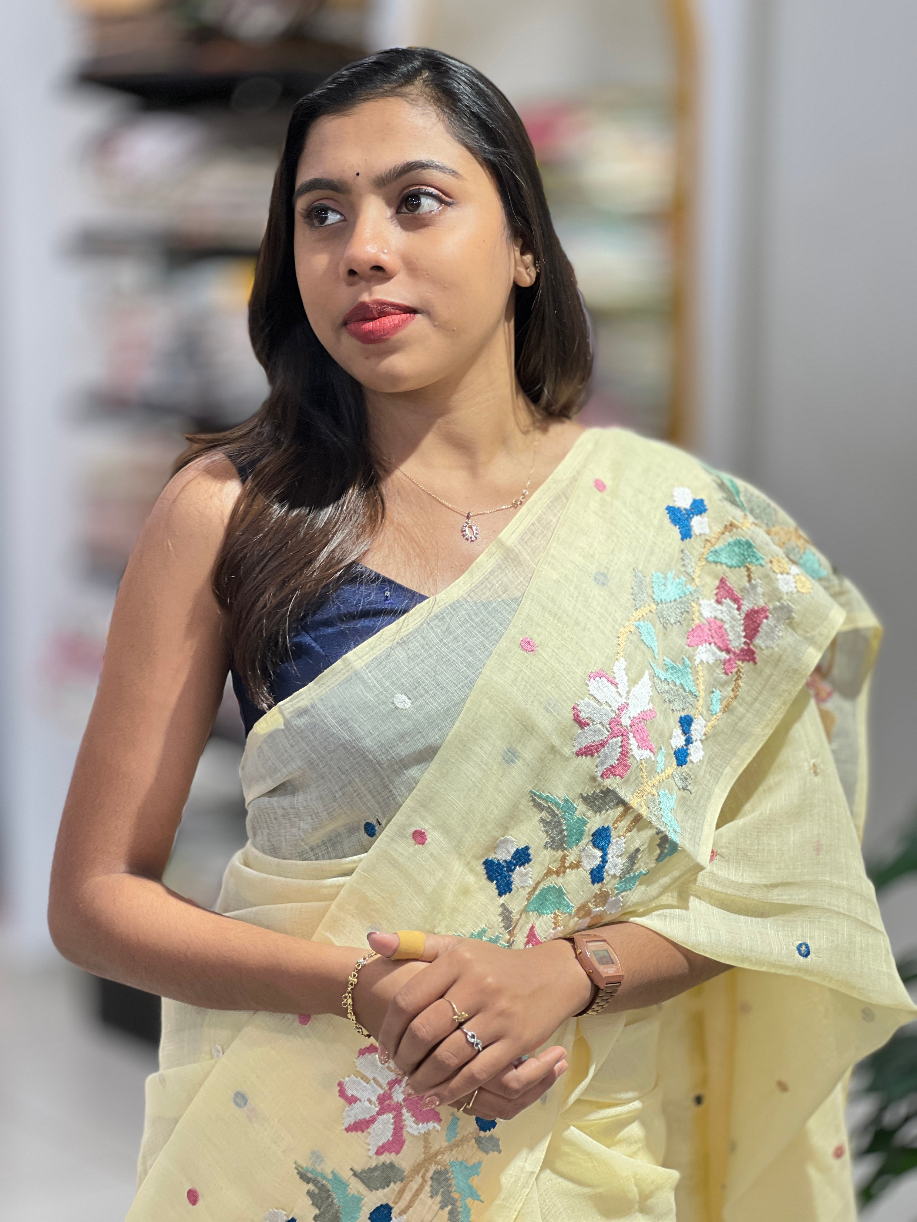 Floral Embroidered Linen Cotton Saree | RP796