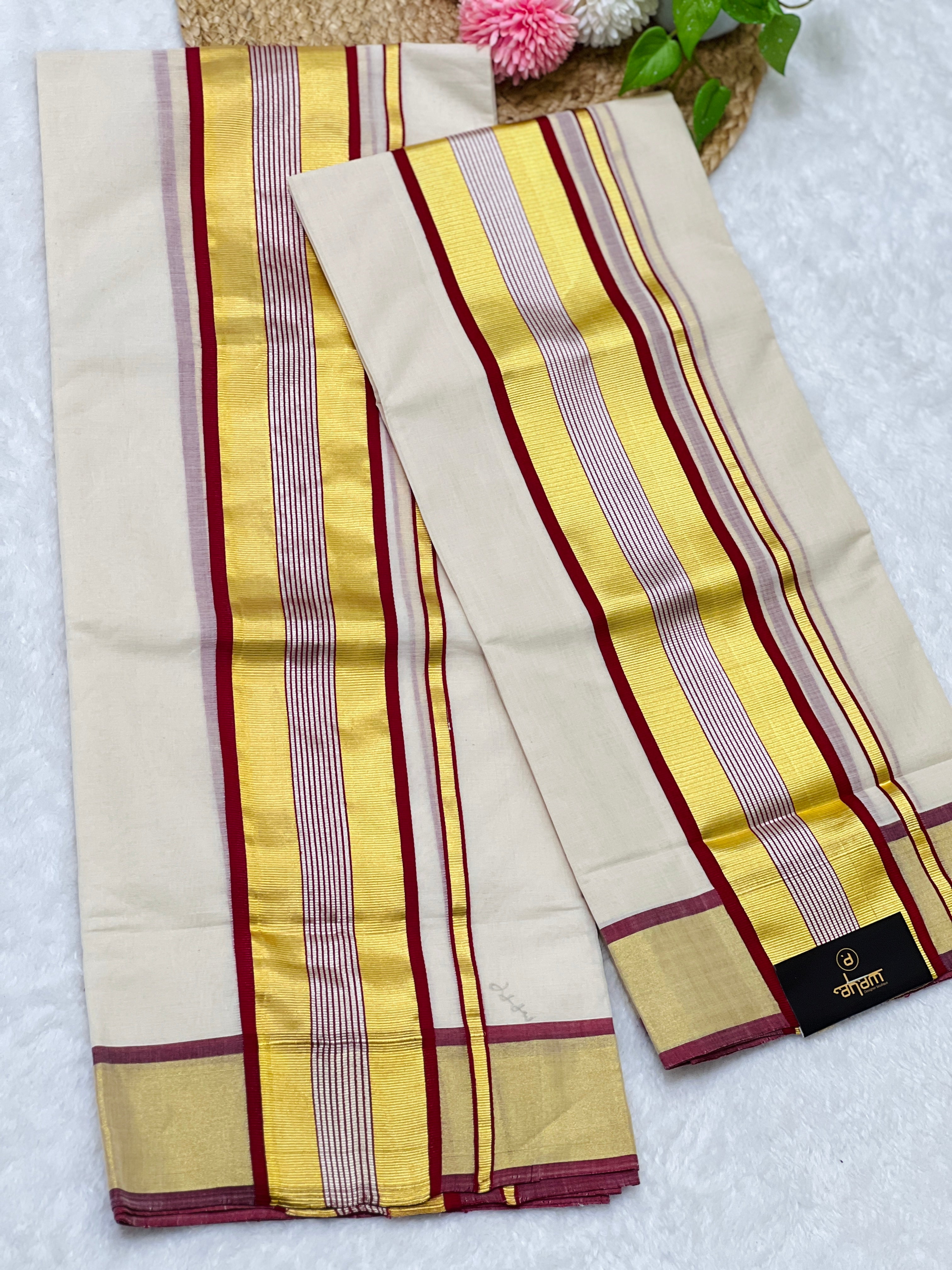 Golden & Silver Kasavu With Kara Detailed Kerala Cotton Set Mundu | KL344