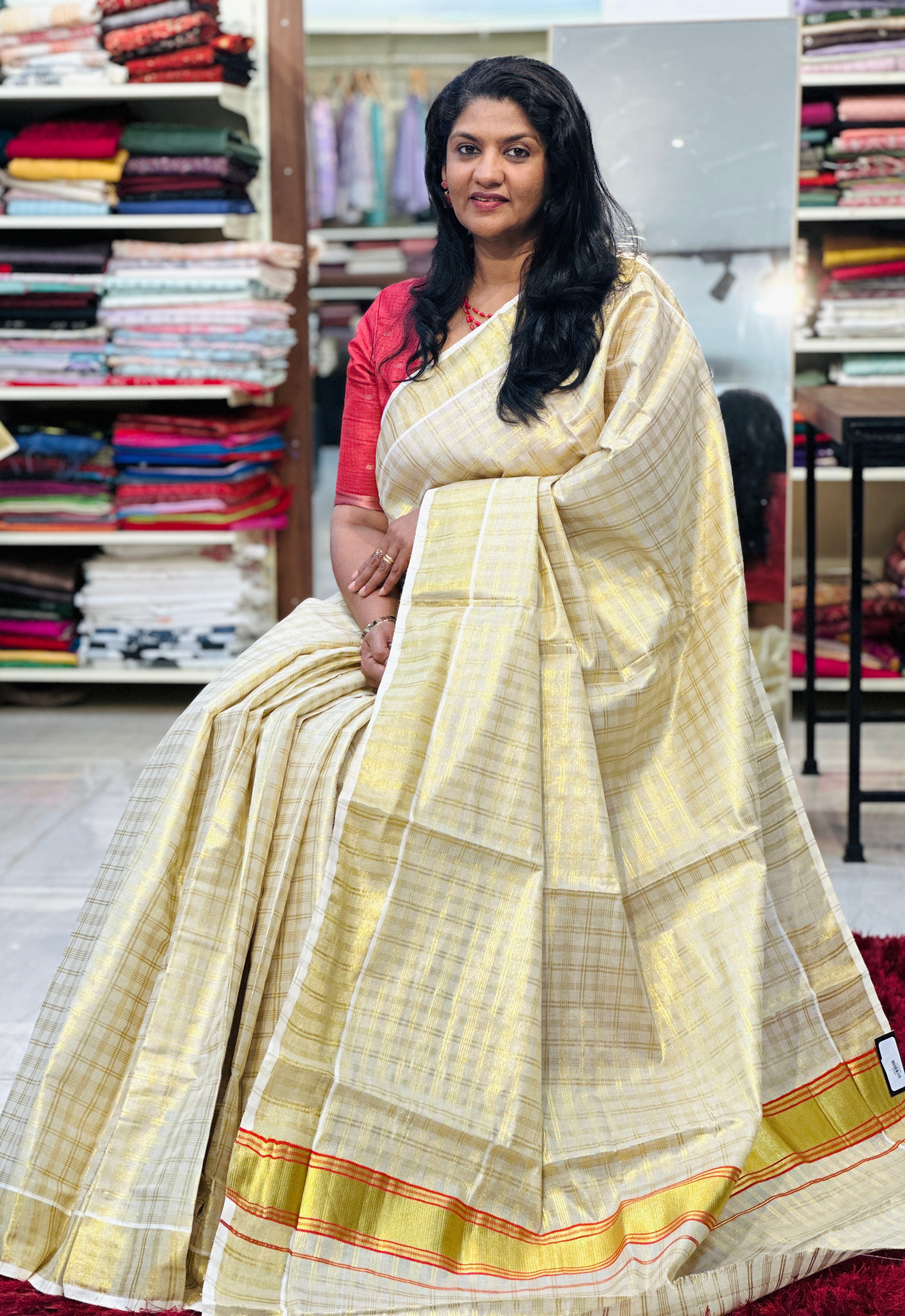 Check Weaving Patterned Tissue Saree | GAT335