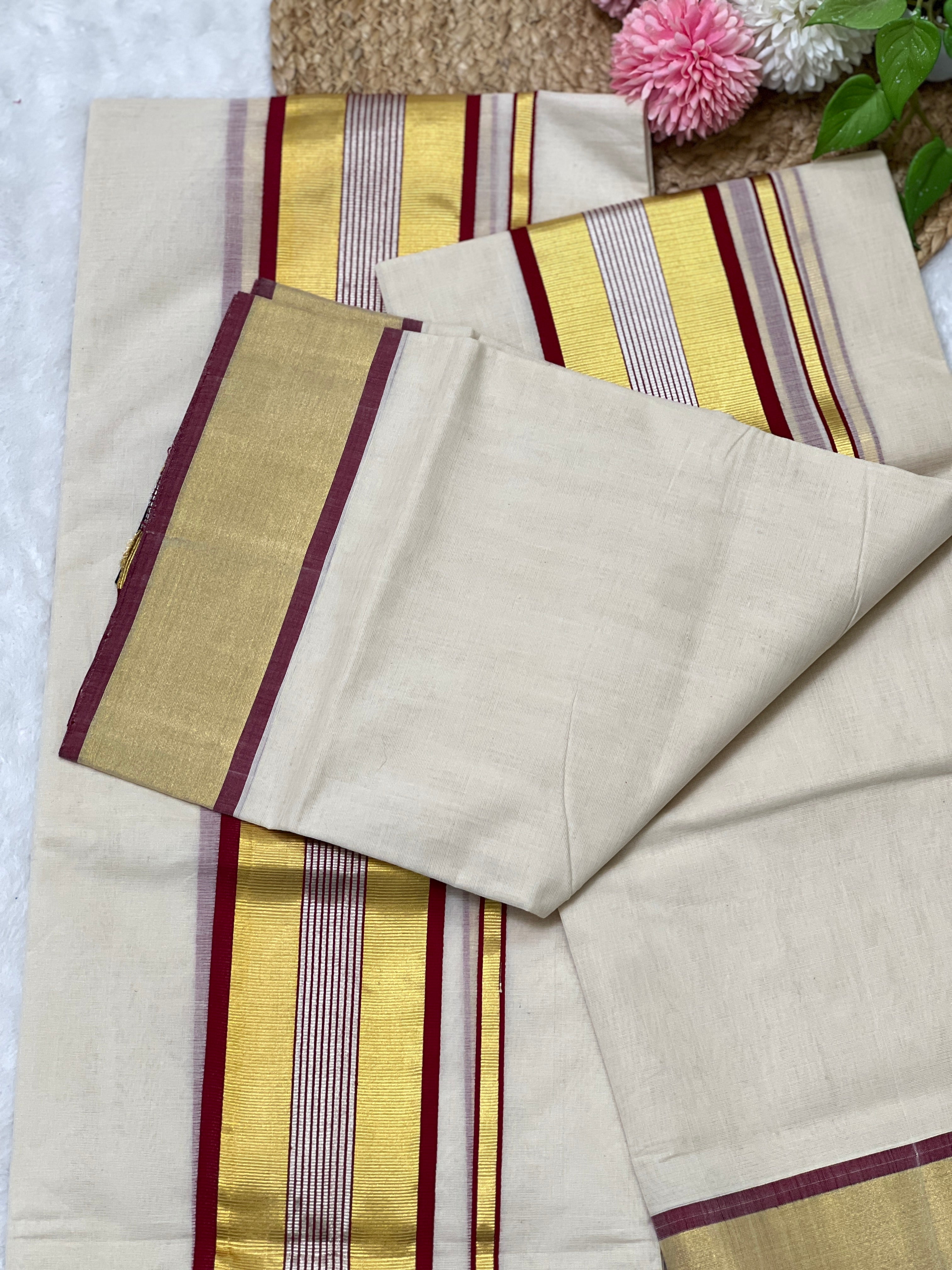 Golden & Silver Kasavu With Kara Detailed Kerala Cotton Set Mundu | KL344